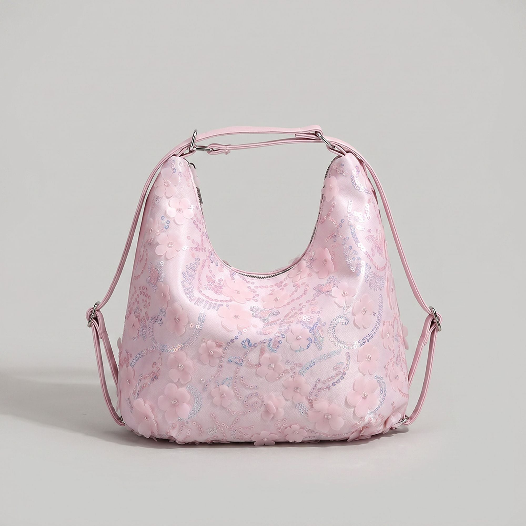 Floral Sequin Hobo Shoulder Bag with 3D Applique Details and Adjustable Strap