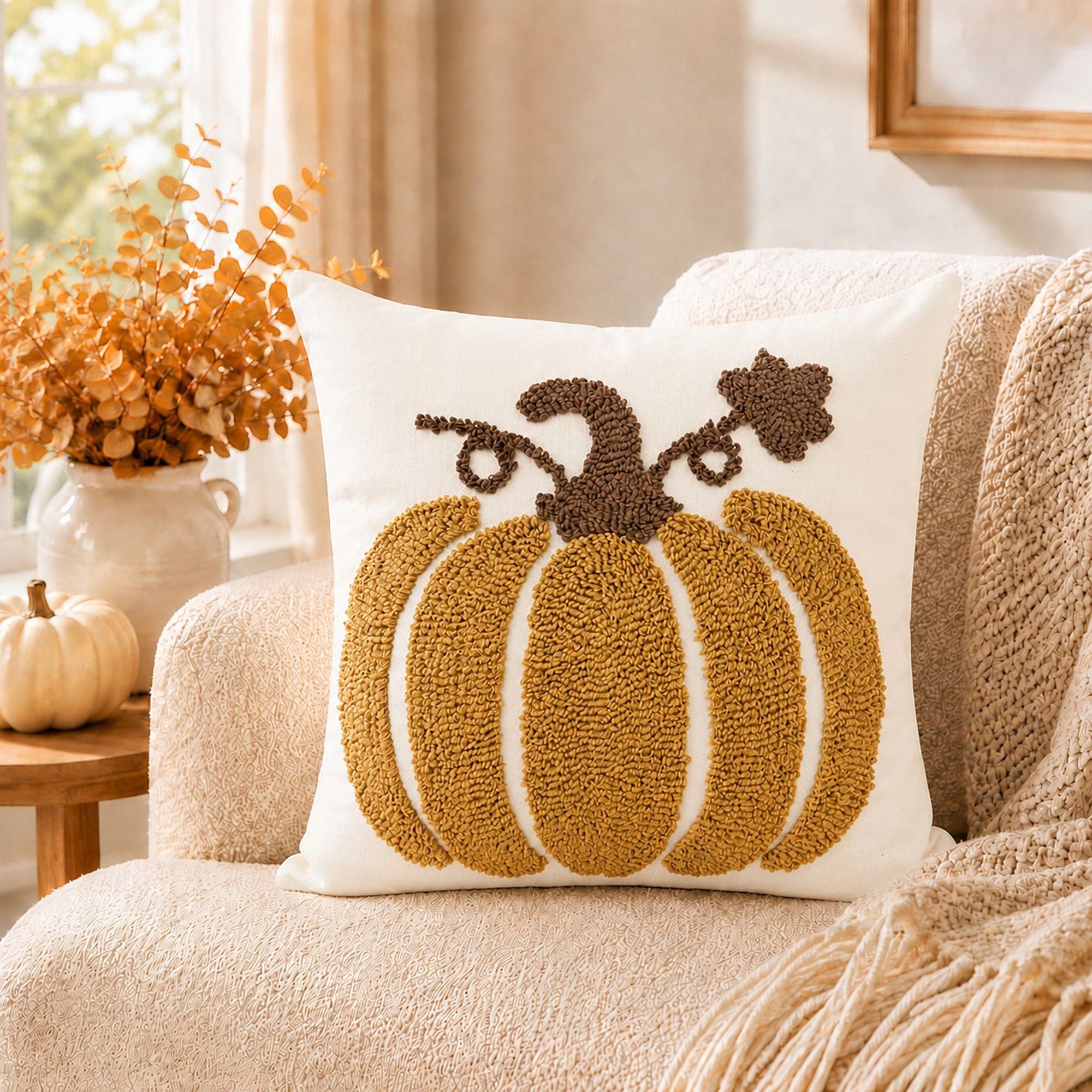 Tufted Pumpkin Throw Pillow Cover for Fall and Thanksgiving Decor