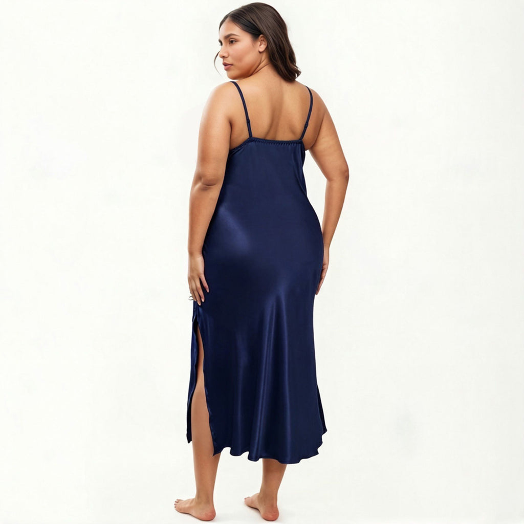 Anna-Kaci Lounge Women's Plus Size Satin Chemise Nightgown with Lace Trim Neckline Adjustable Straps Side Slit Slip Dress