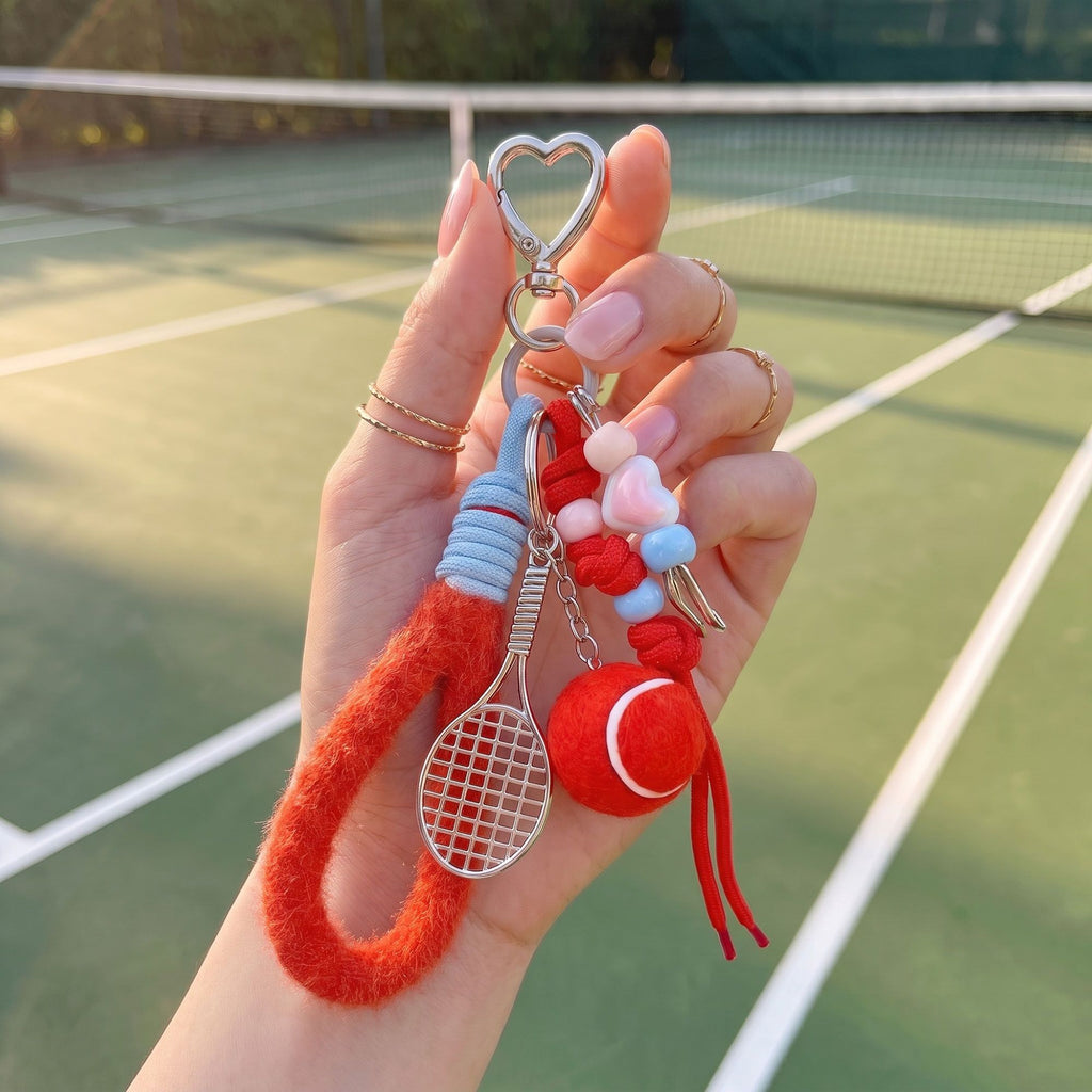 2-Piece Womens Sports Themed Bag Charm with Hanging Clip and Tennis Accessory