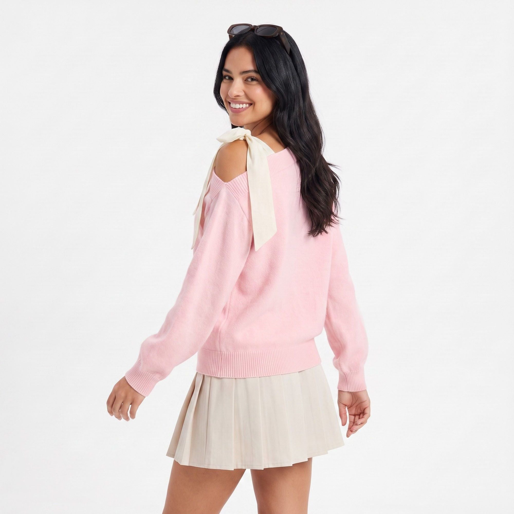 Off Shoulder Bow Sweater Long Sleeve Relaxed Fit Knit Pullover
