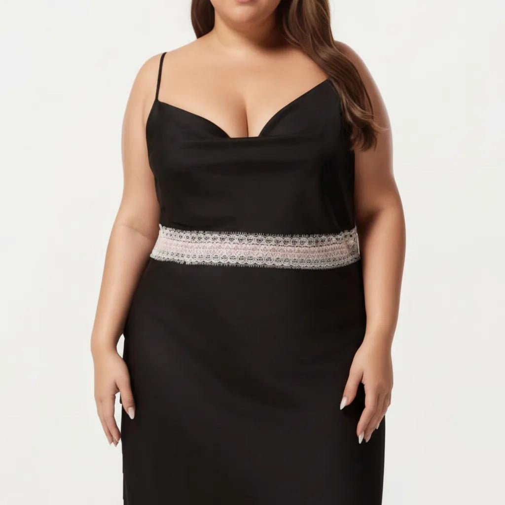 Anna-Kaci Lounge Women's Plus Size Satin Slip Dress with Lace Waist Detail Adjustable Spaghetti Straps Midi Sleepwear Nightgown