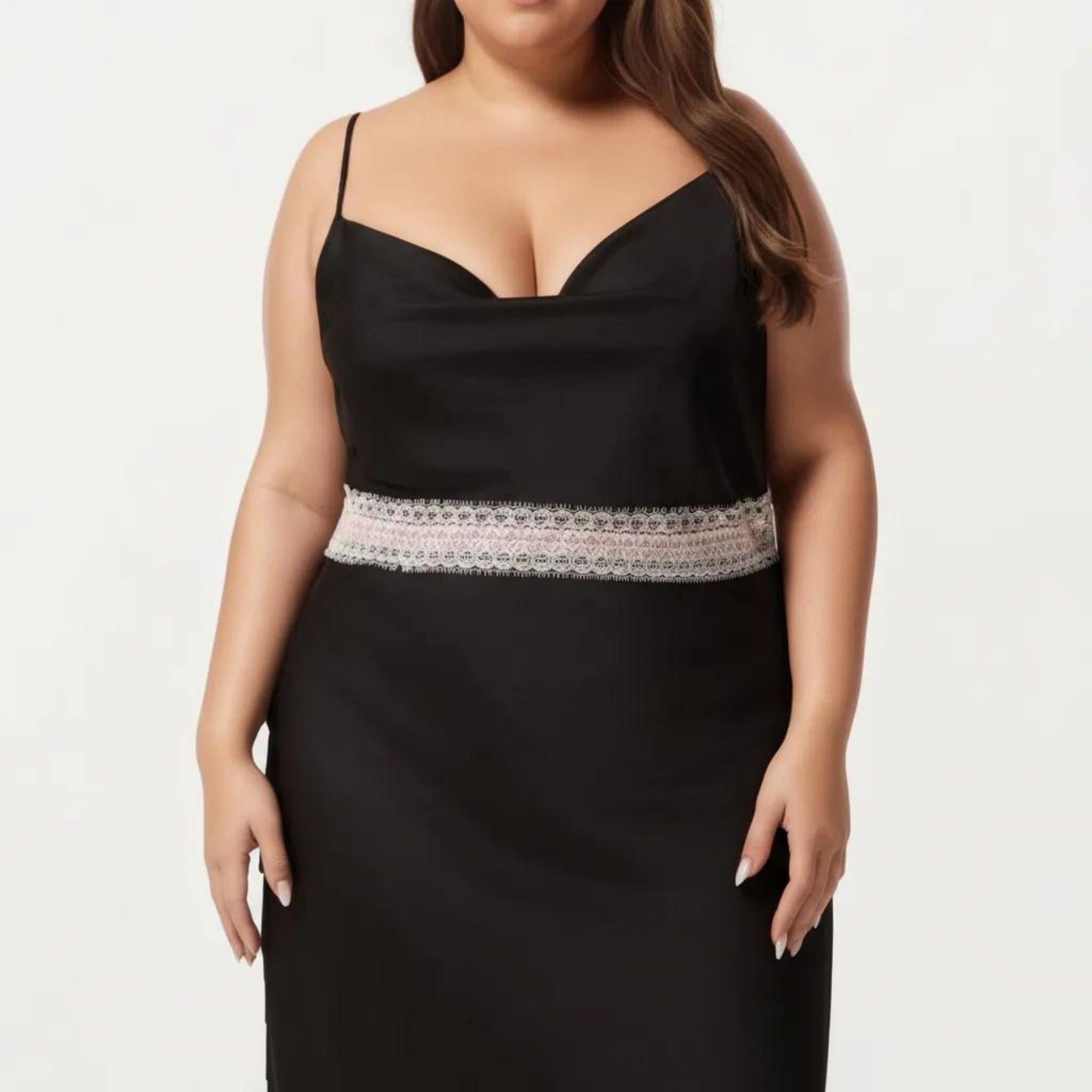 Anna-Kaci Lounge Women's Plus Size Satin Slip Dress with Lace Waist Detail Adjustable Spaghetti Straps Midi Sleepwear Nightgown