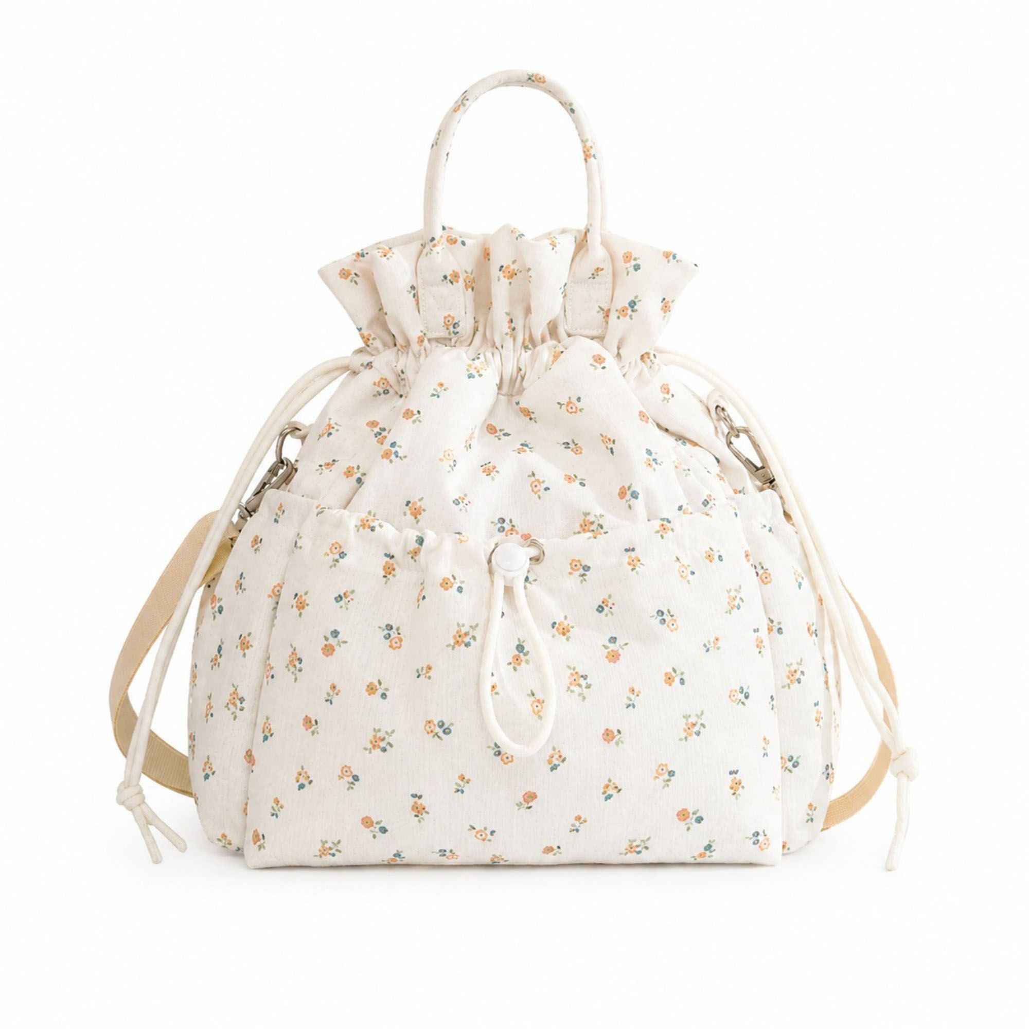 Insulated Drawstring Lunch Bag with Pockets, Top Handles and Shoulder Strap