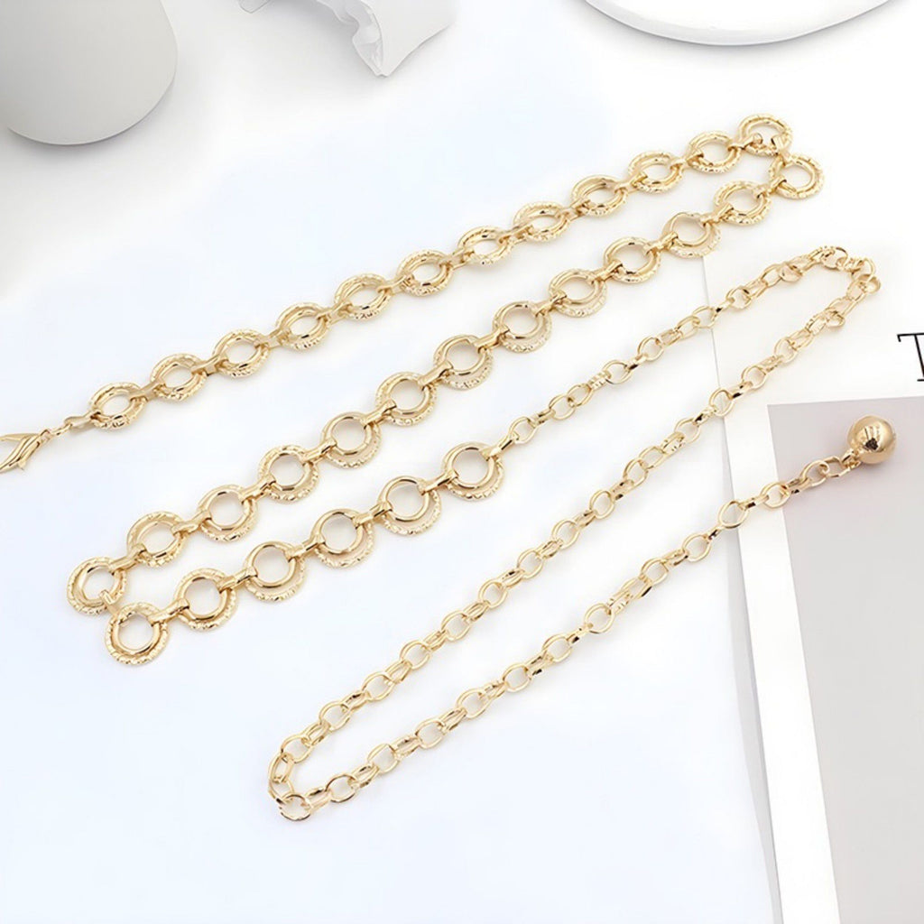 Anna-Kaci Women's Textured Circle Link Waist Chain Belt with Adjustable Fit and Dangling Charm Accent for Layered Stylish Detail 43x0.6in