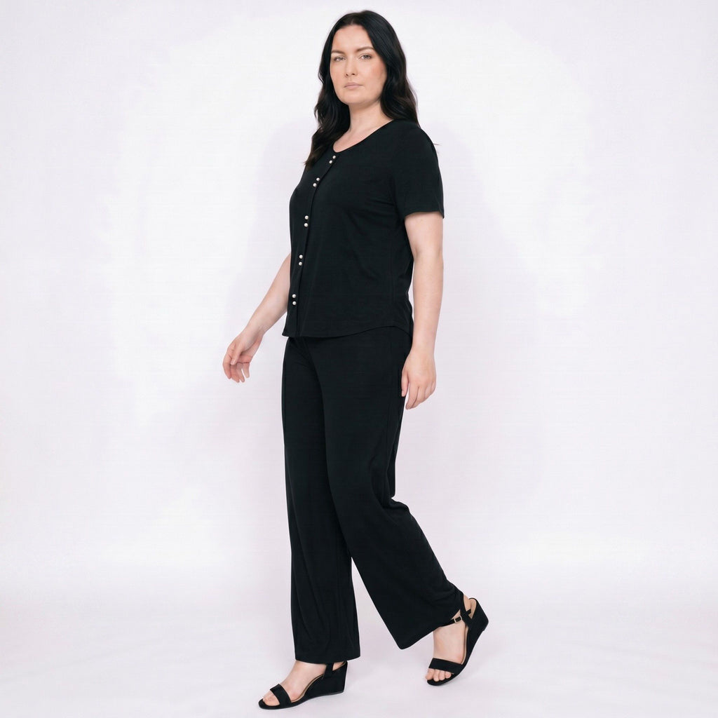 Plus Size 2-Piece Short Sleeve Button Front Pajama Top and Wide Leg Pants Sleepwear Lounge Set
