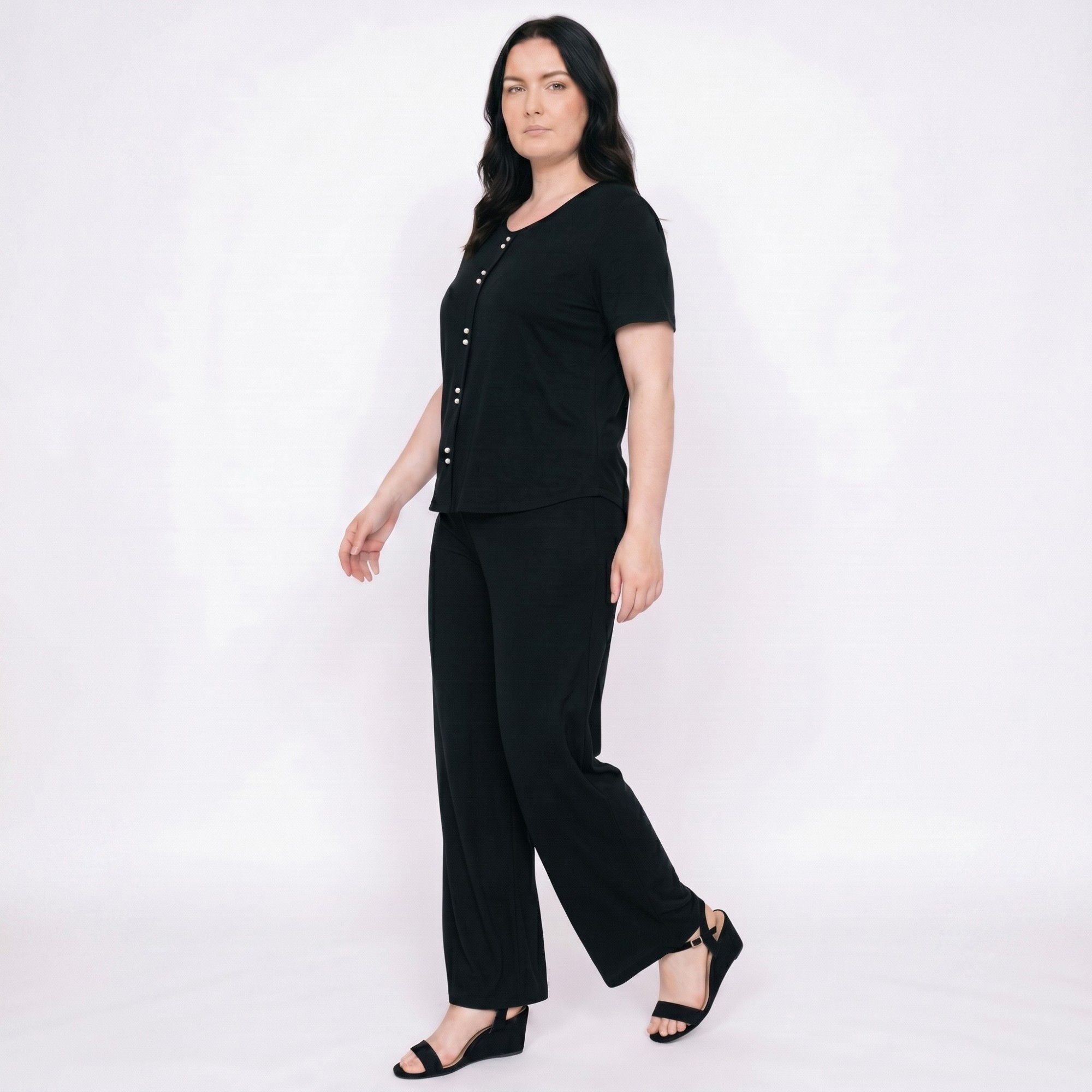 Plus Size 2-Piece Short Sleeve Button Front Pajama Top and Wide Leg Pants Sleepwear Lounge Set