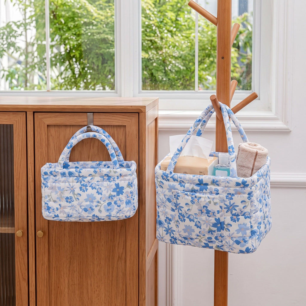 2 Piece Quilted Floral Storage Tote Set with Handles and Front Pocket
