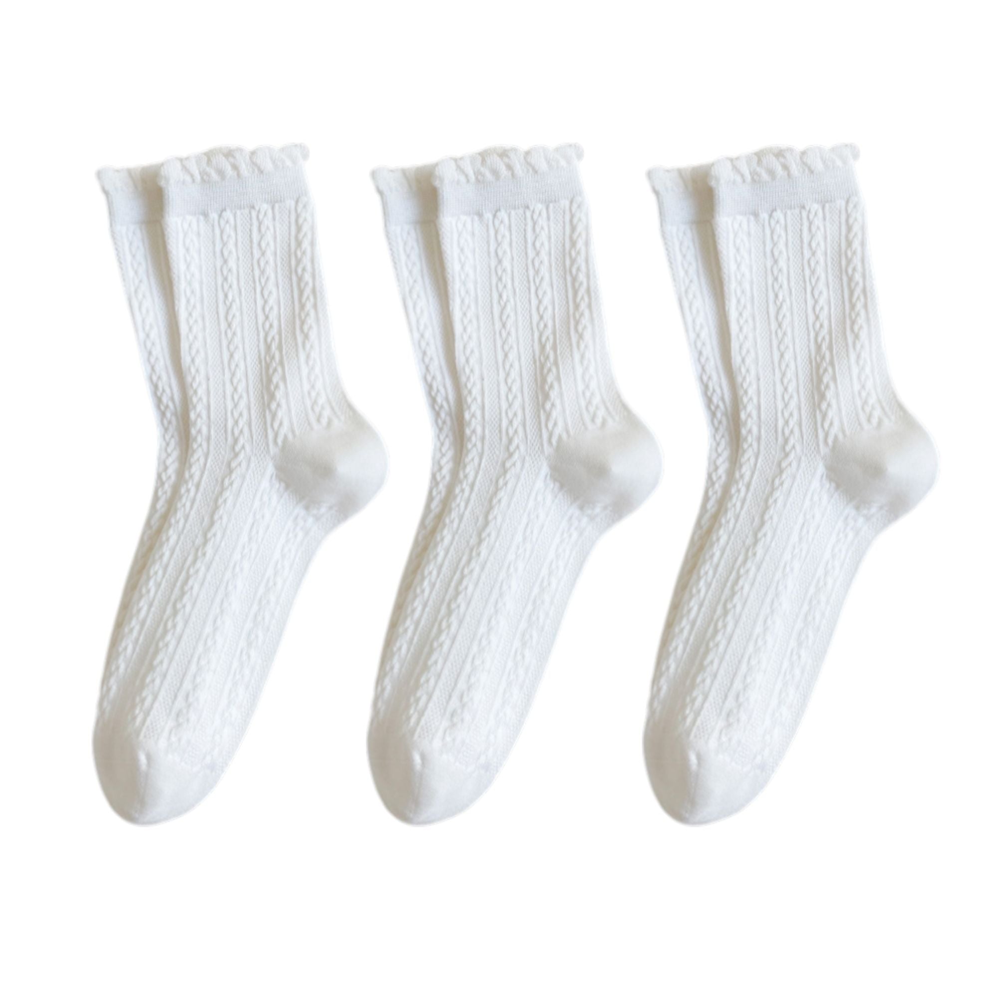 Anna-Kaci 3 Pairs Mid-Crew Cable Knit Socks with Ruffle Cuffs Soft Stretchy Vintage-Inspired Design