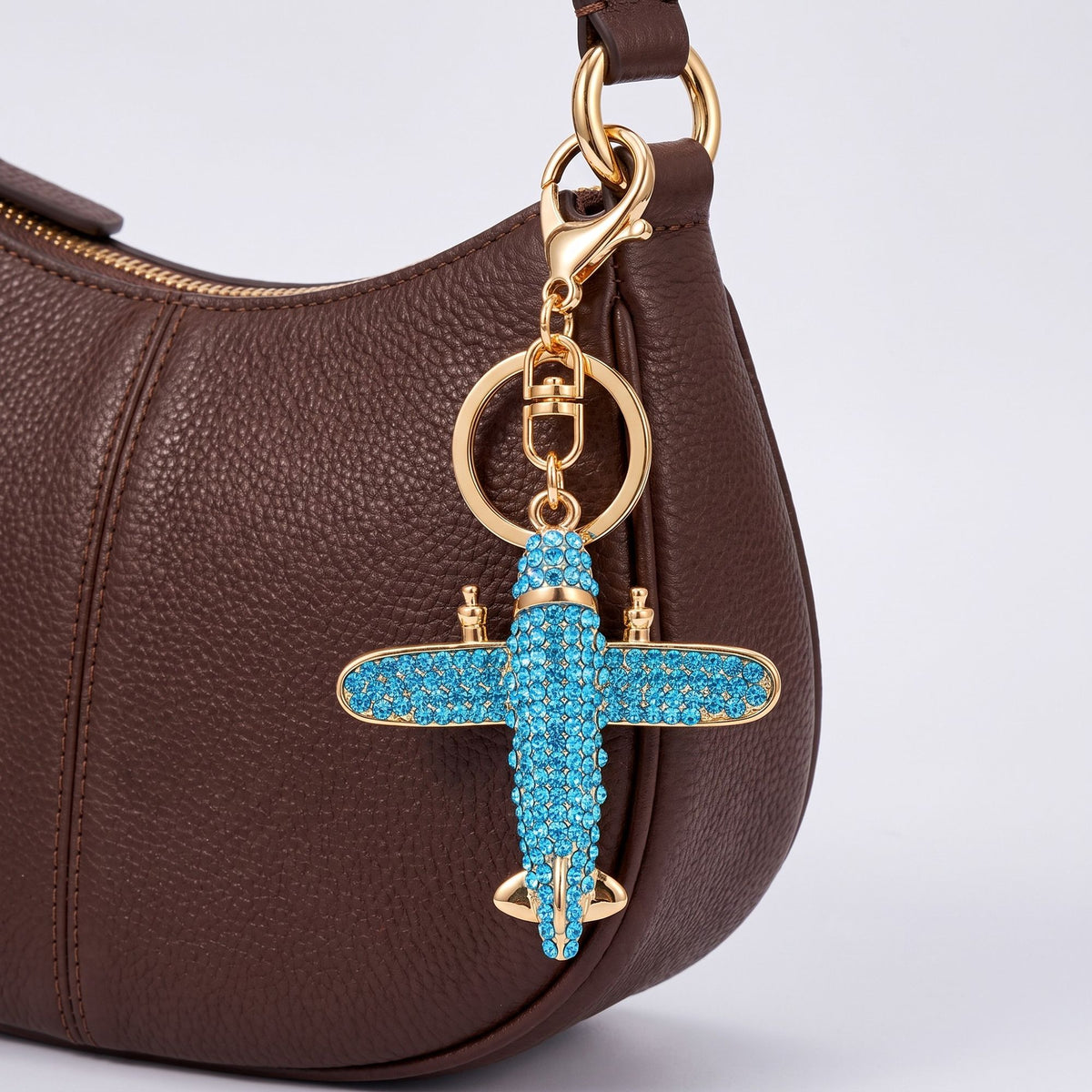 Airplane Rhinestone Keychain Bag Charm with Lobster Clasp and Key Ring