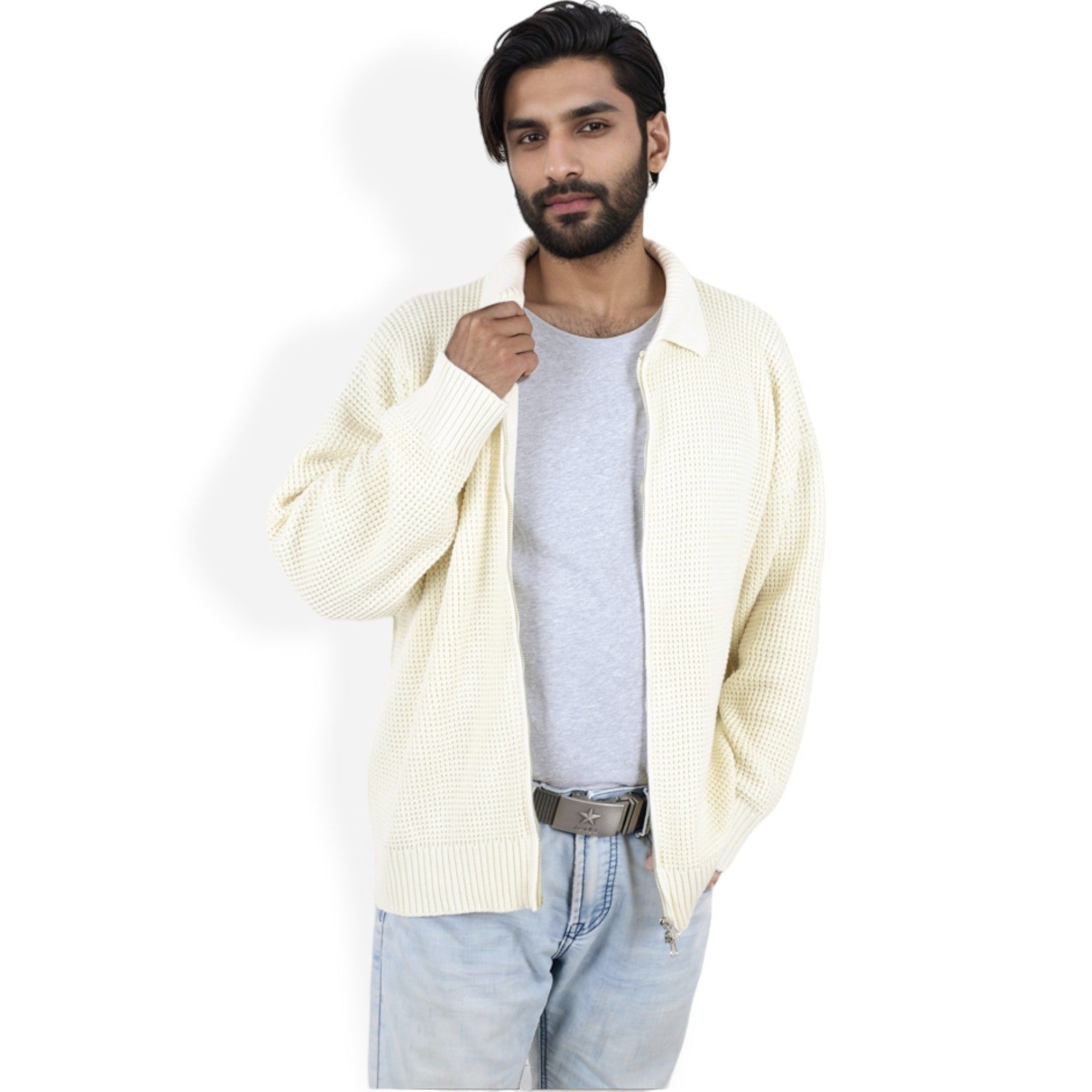 Anna-Kaci Men's Waffle Knit Zip-Up Cardigan with Classic Collar and Relaxed Fit