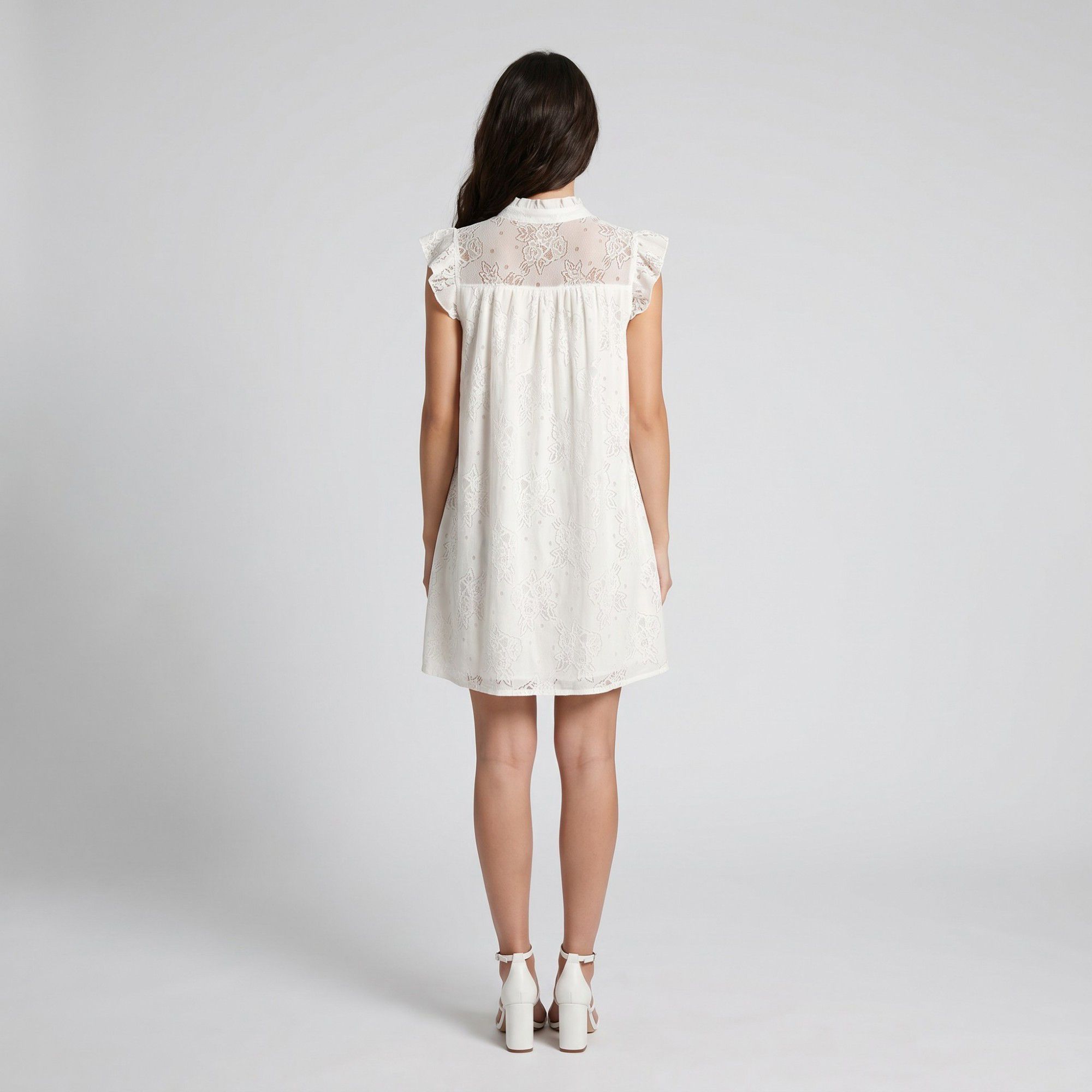 Floral Lace Texture Ruffle Sleeve Mini Dress with Split Neckline Gathered Yoke and Relaxed Shift Silhouette