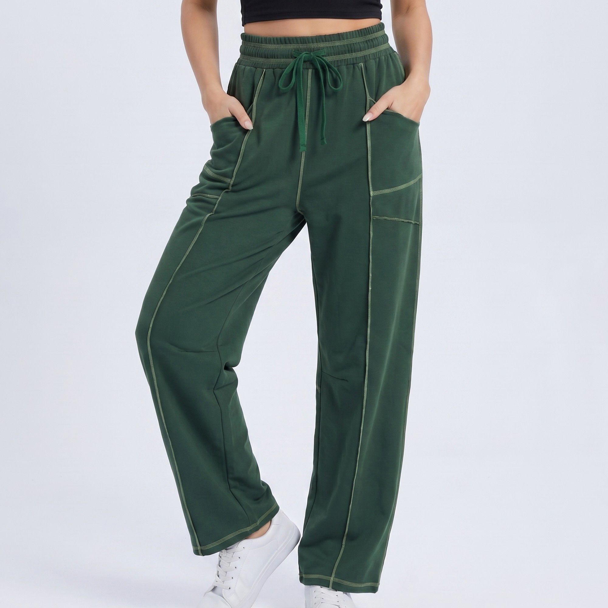 Anna-Kaci Women's High Rise Drawstring Wide Leg Utility Pants with Patch Pockets
