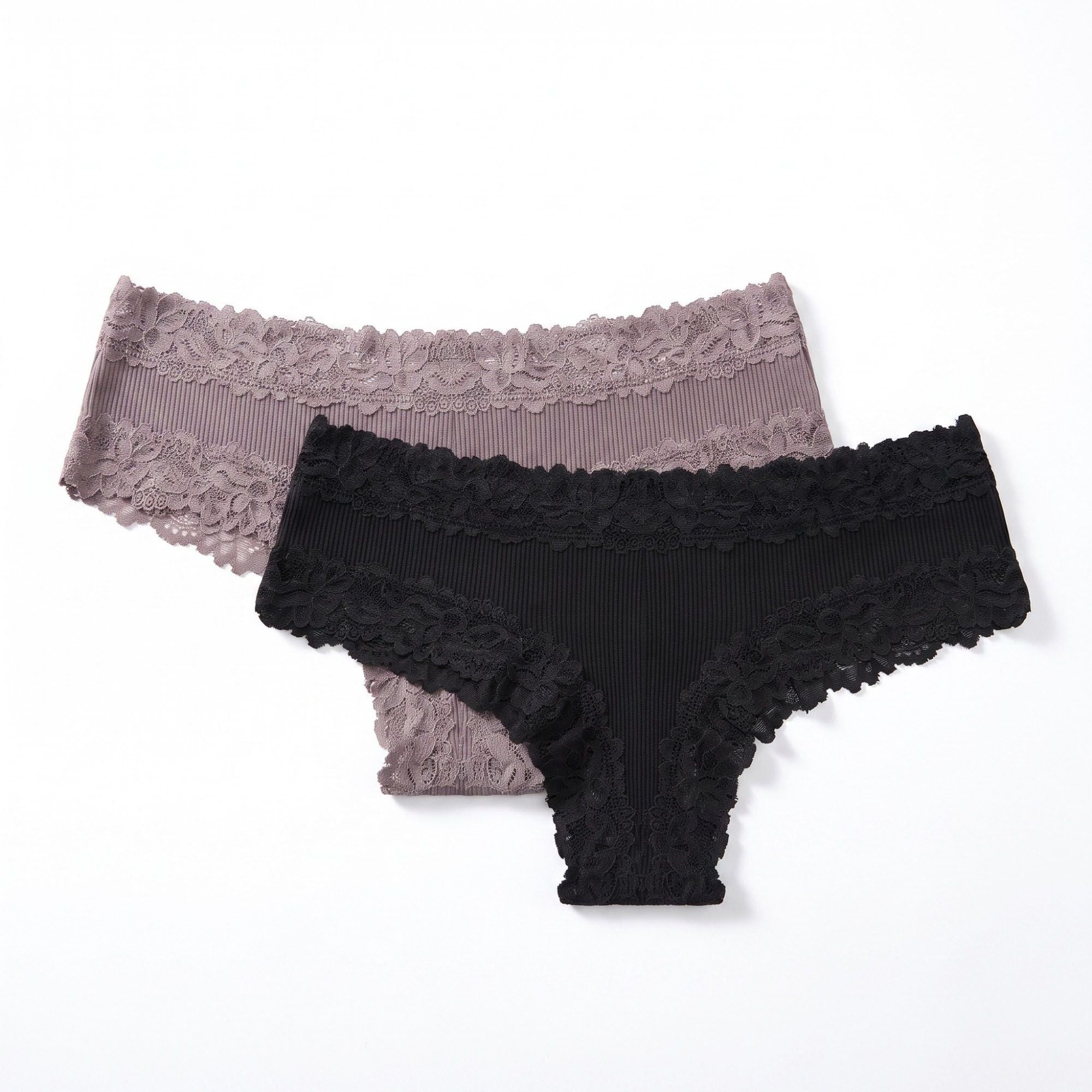 2 Pack Ribbed Floral Lace Hipster Underwear