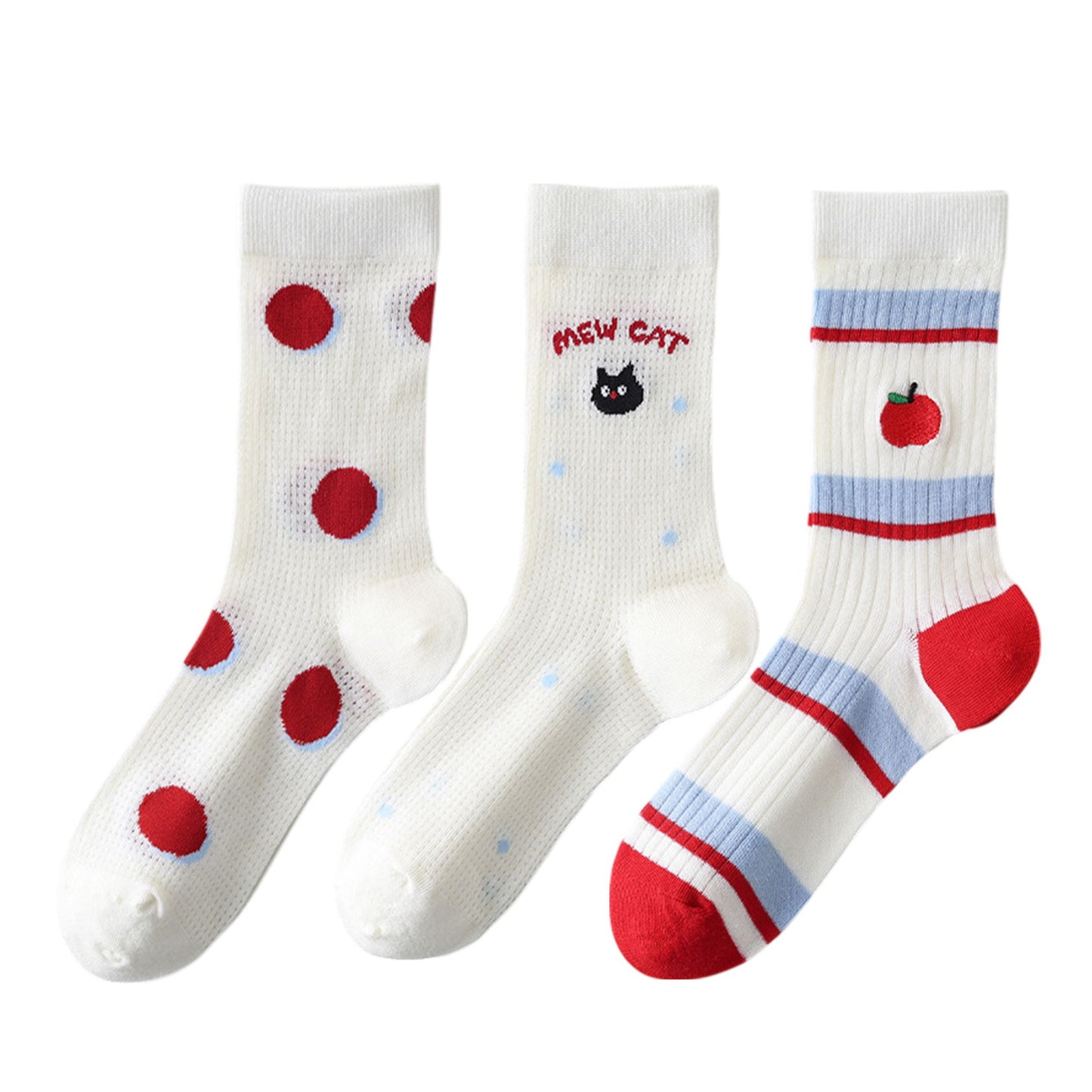 Anna-Kaci Womens Cute Cartoon Embroidered Crew Socks 3-Pair Pack Fun Patterned Cotton Knit Soft and Stretchy Casual Style