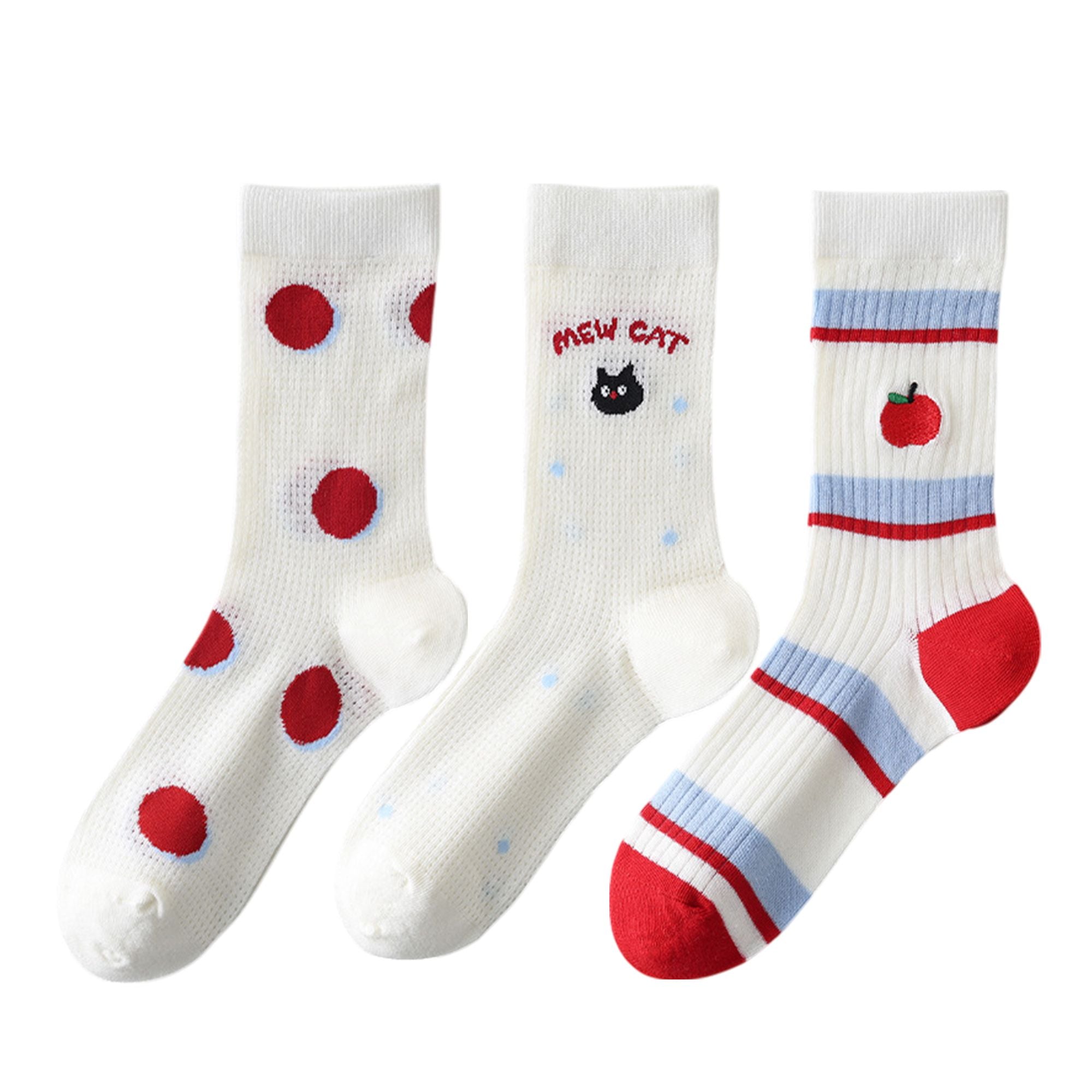 Anna-Kaci Womens Cute Cartoon Embroidered Crew Socks 3-Pair Pack Fun Patterned Cotton Knit Soft and Stretchy Casual Style