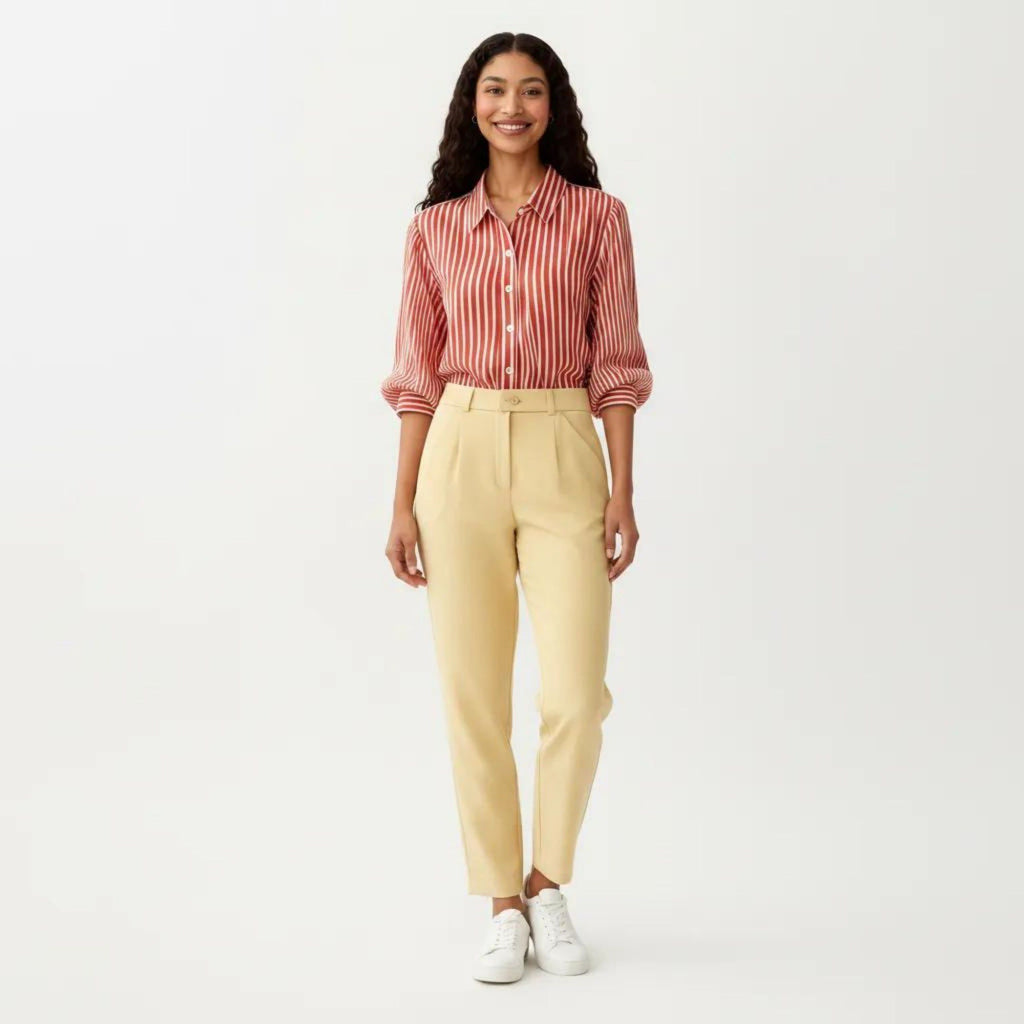 Anna-Kaci Women's Striped Button Down Blouse with Collared Neckline and Puff Sleeves