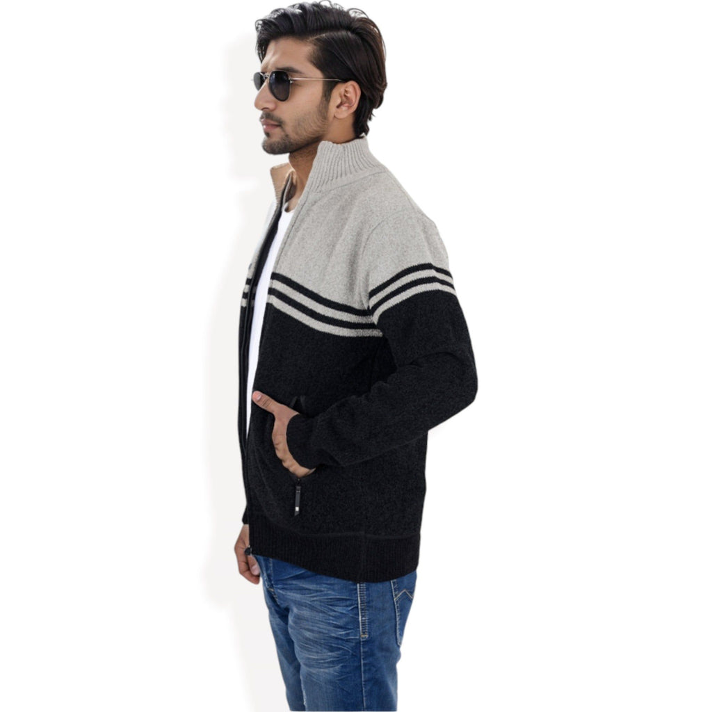 Anna-Kaci Men's Zip-Up Striped Fleece Jacket with High Collar and Front Pockets