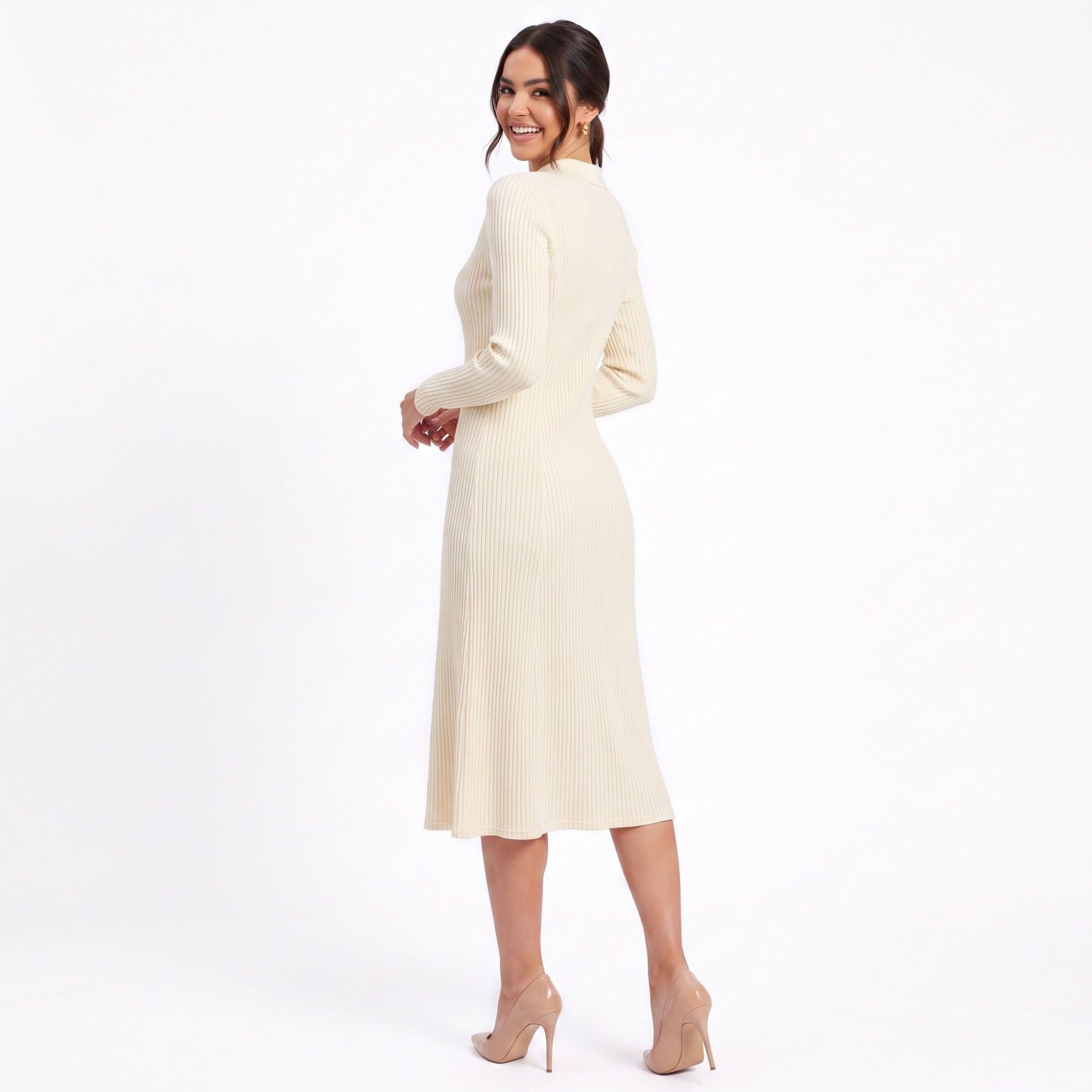 Ribbed Polo Midi Dress Long Sleeve Collared Button Placket Knit Dress