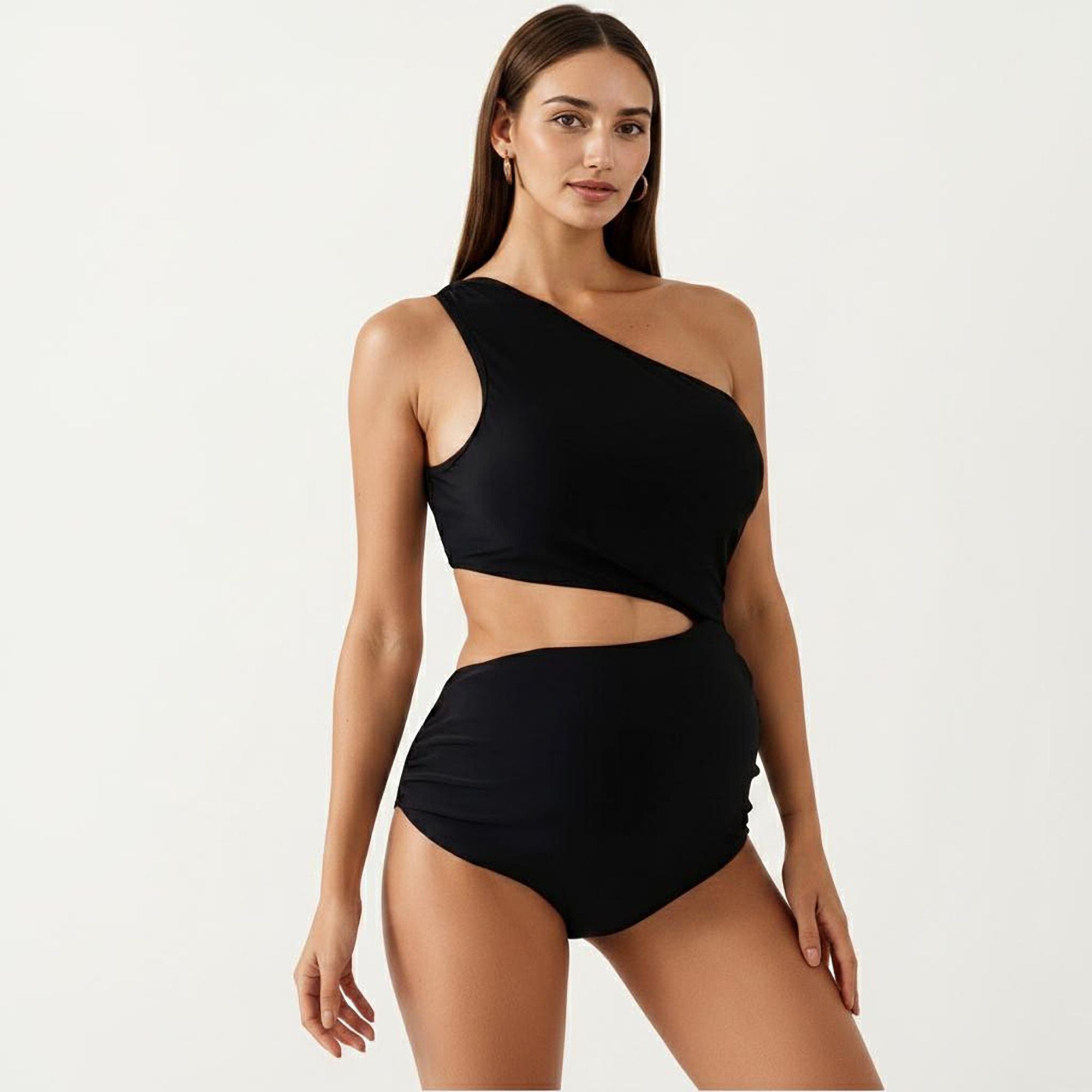 Anna-Kaci Swim Women's Maternity One-Shoulder Swimsuit with Cutout Detail and High Waist Design