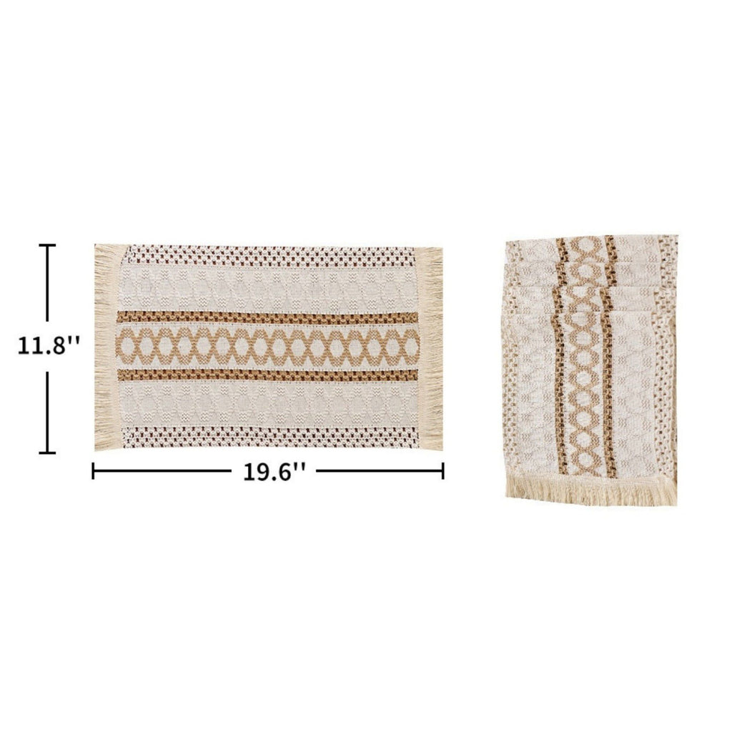 4 Set Woven Rectangular Placemats with Textured Stripes and Fringe Edges 11.8x19.5 in
