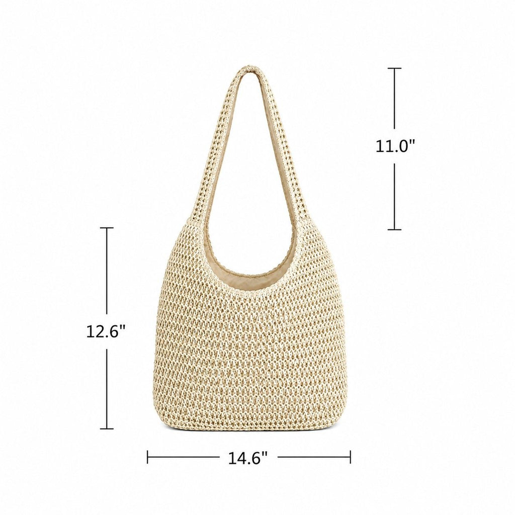 Woven Straw Tote Bag Large Capacity Zip Top Shoulder Carryall with Interior Pocket