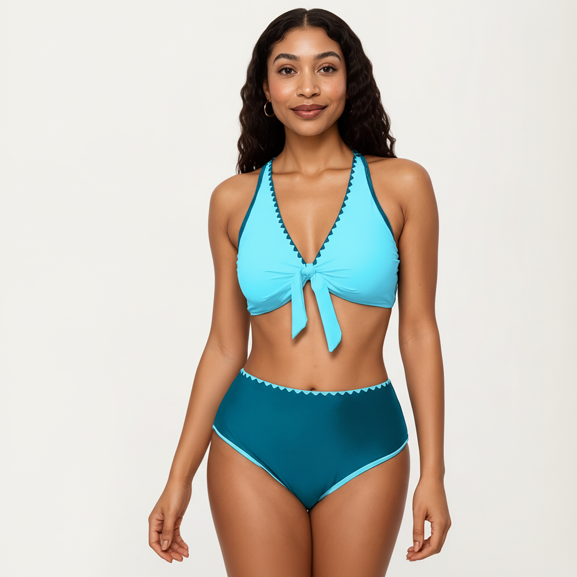 Anna-Kaci Women's 2-Piece Set Tie Front Bikini Top with Scalloped Trim and High Waisted Bottom