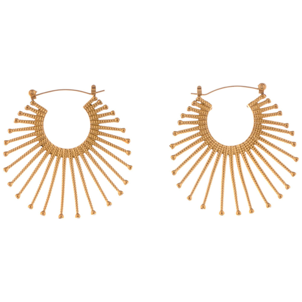 Gold Fan Hoop Fashion Earrings with Intricate Textured Detailing