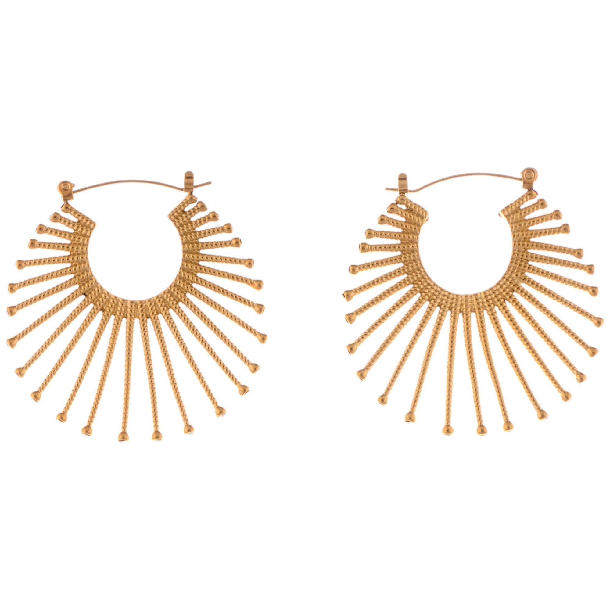 Gold Fan Hoop Fashion Earrings with Intricate Textured Detailing