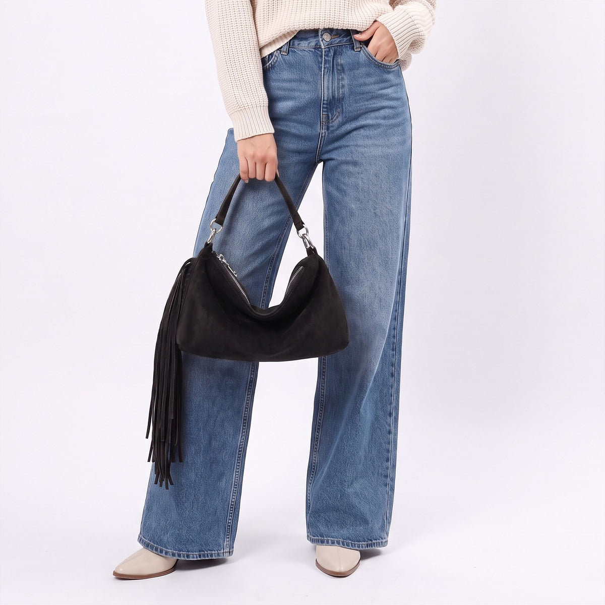 Slouchy Shoulder Handbag with Fringe Tassel and Zipper Closure