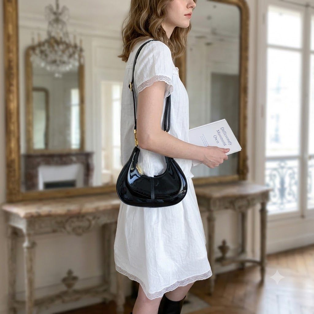 Glossy PU Mini Hobo Shoulder Bag with Adjustable Strap