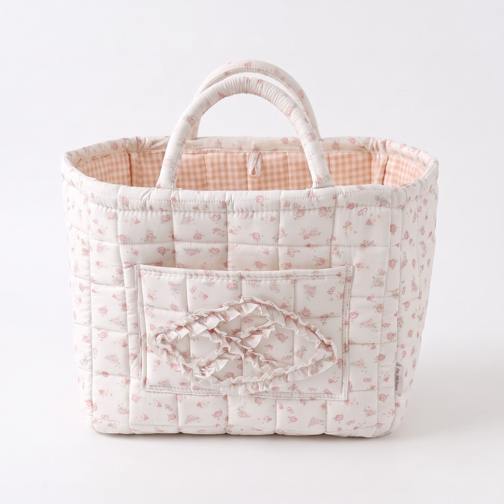 Bolsa de almacenamiento de tela acolchada floral con asas y bolsillo