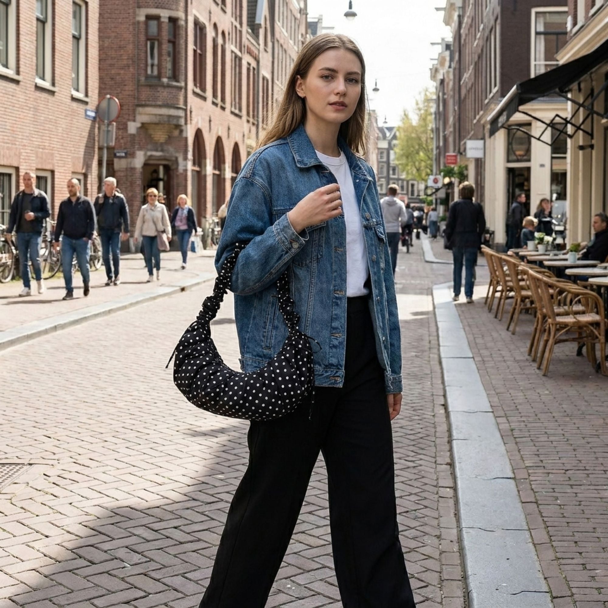 Polka Dot Ruched Shoulder Bag with Soft Slouchy Shape