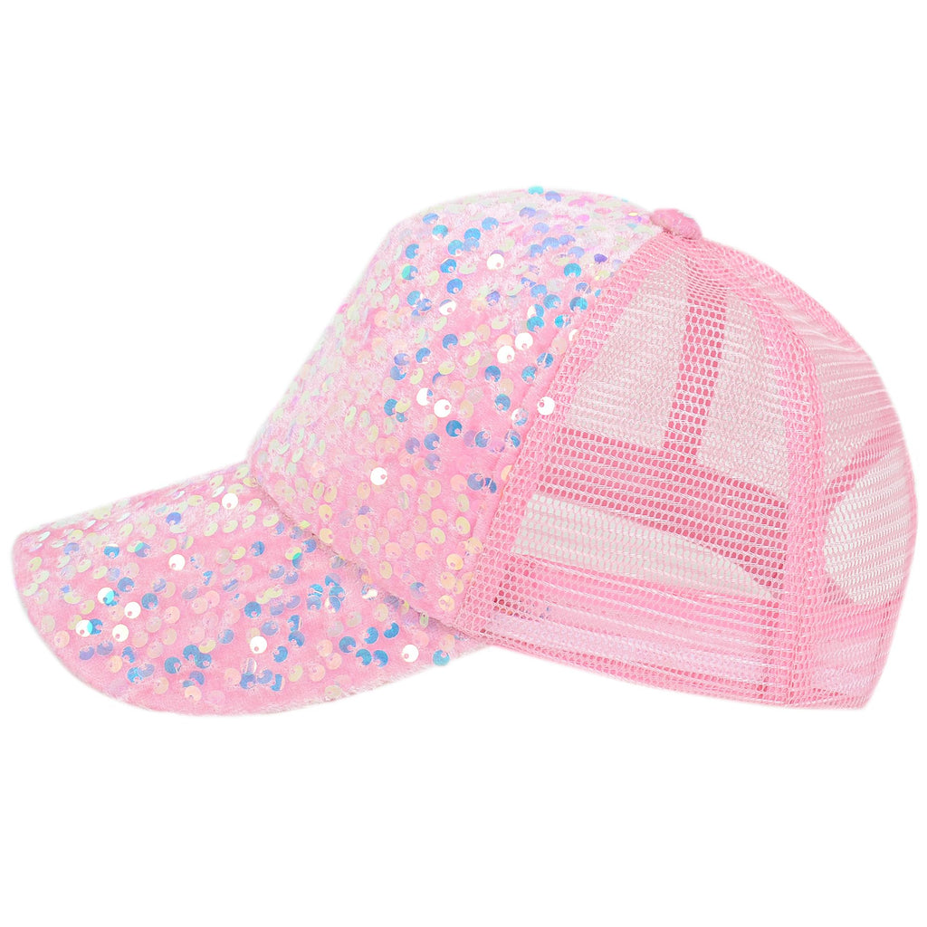 Anna-Kaci Women's Sparkly Sequin Baseball Cap Messy Low Bun Ponycap Velvet Mesh Trucker Hat