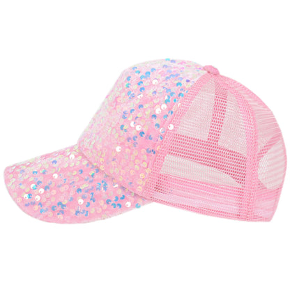 Anna-Kaci Women's Sparkly Sequin Baseball Cap Messy Low Bun Ponycap Velvet Mesh Trucker Hat