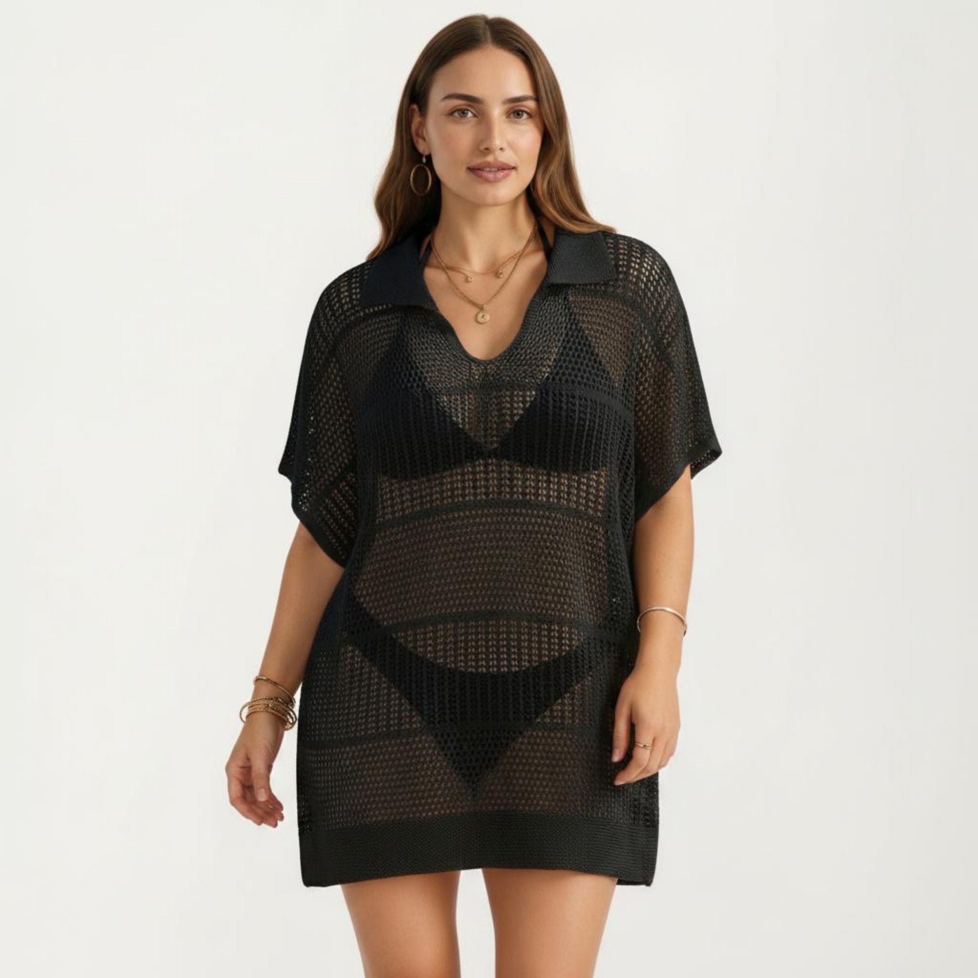 Anna-Kaci Women's Mesh Swim Cover Up Dress with Open Knit Design Collared Neckline Short Sleeves Relaxed Fit