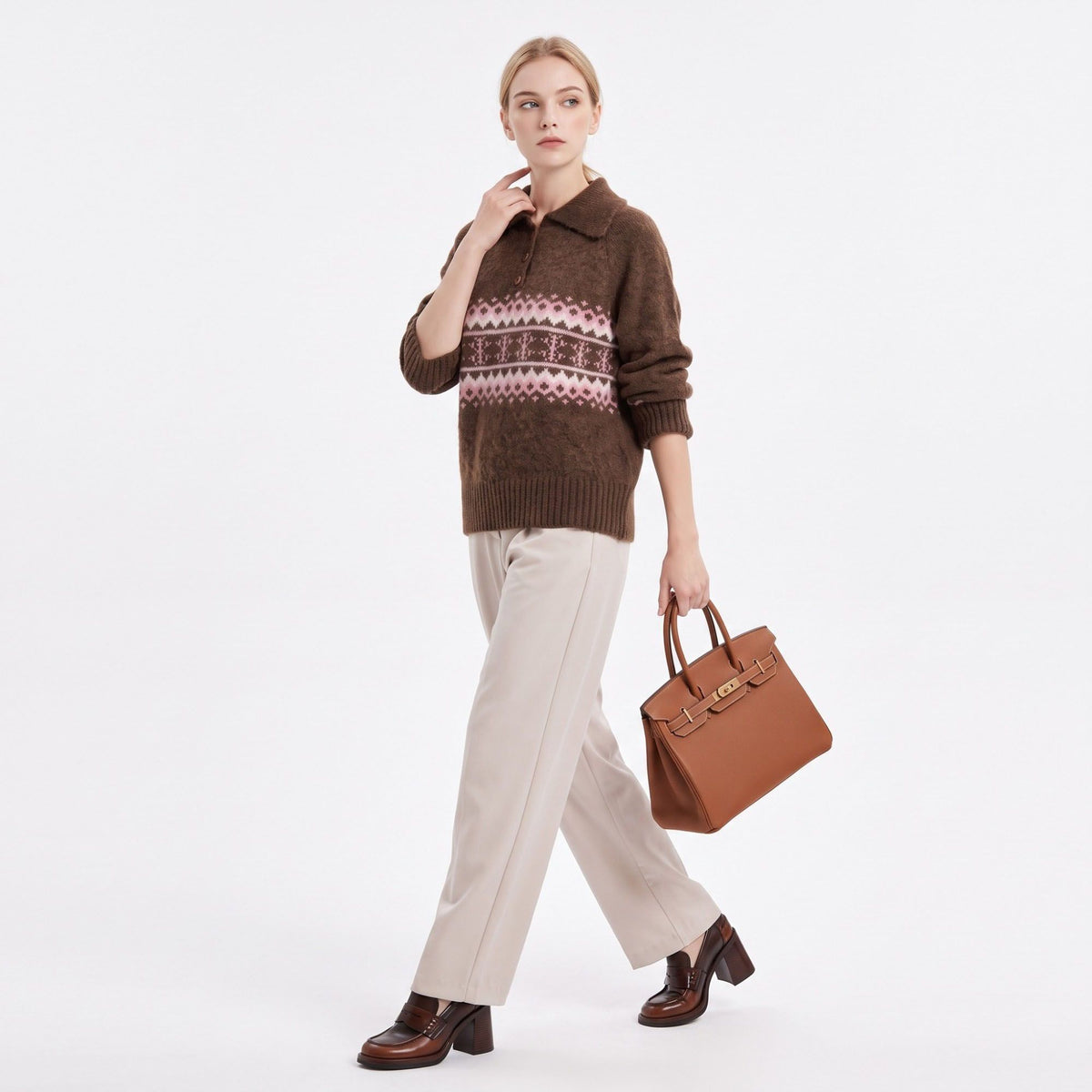 Fair Isle Collared Henley Pullover Sweater
