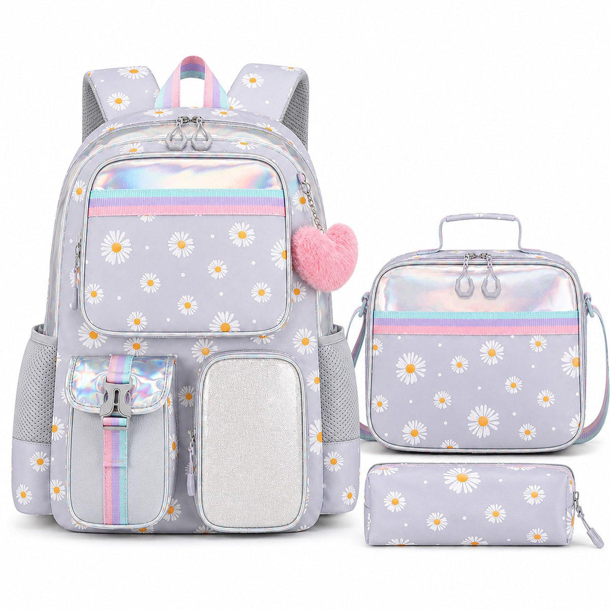 3pc Daisy Print School Backpack Lunch Bag Pencil Case Set