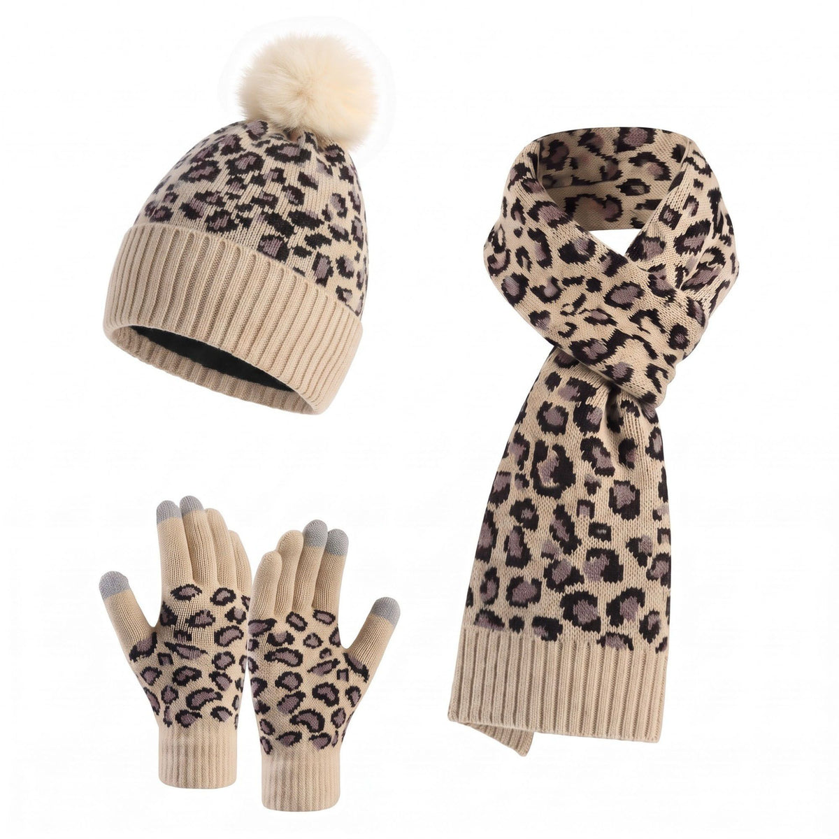 3 Piece Leopard Print Pom Beanie Scarf and Touchscreen Gloves Set