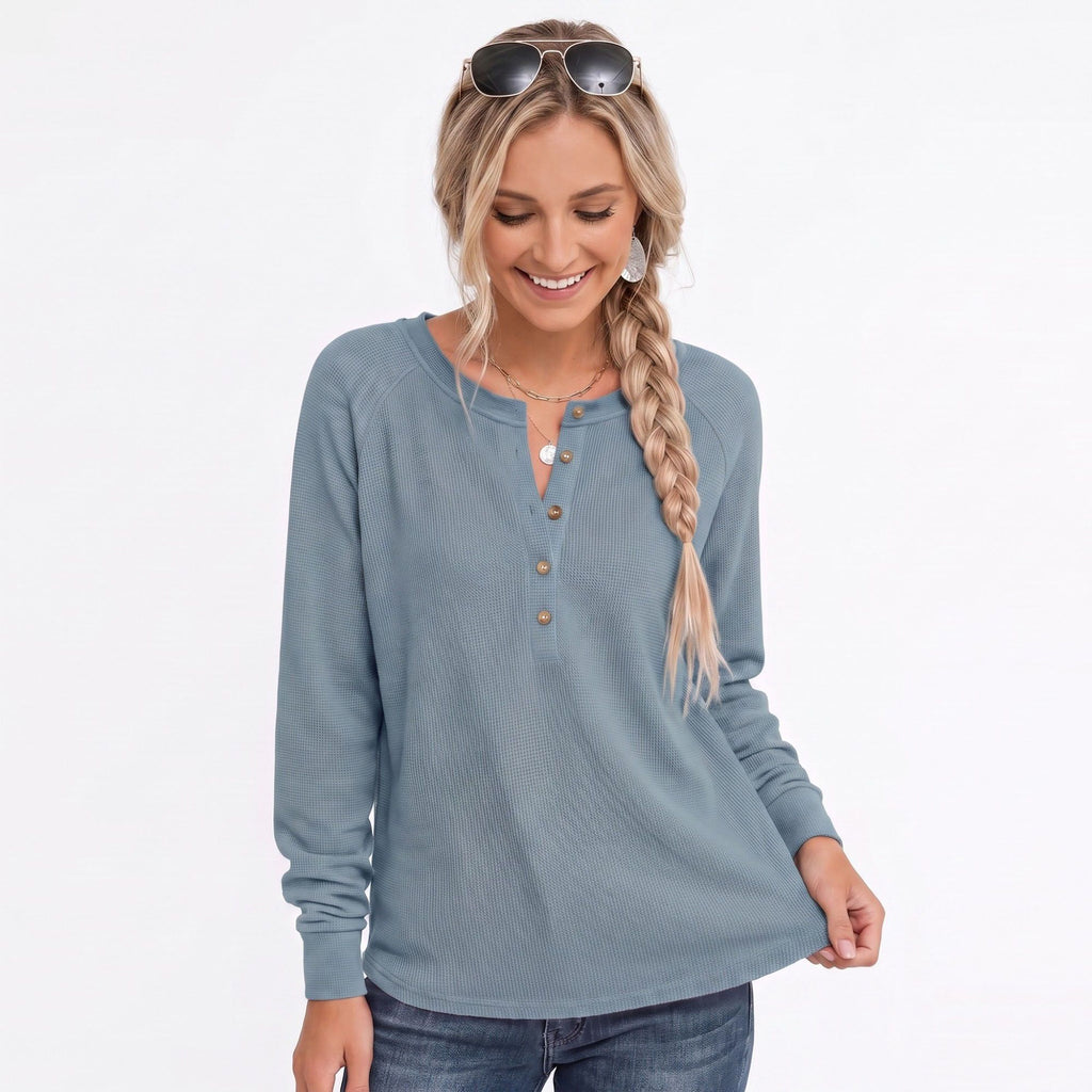 Waffle Knit Henley Raglan Long Sleeve Top