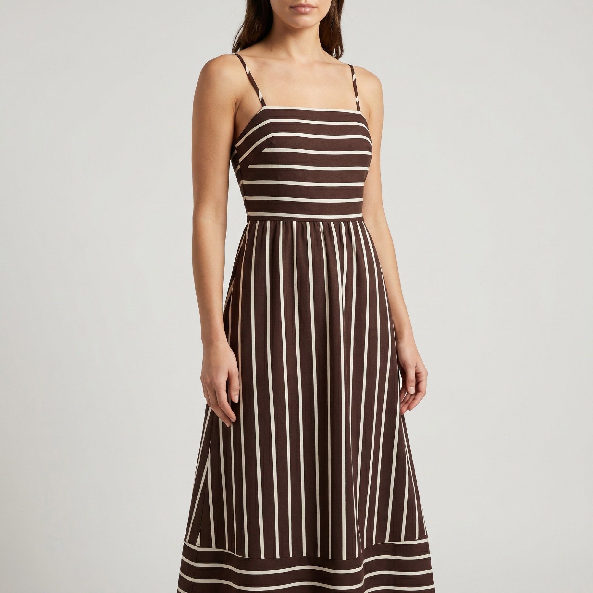 Striped Square Neck Sleeveless Maxi Dress with Fitted Bodice Adjustable Straps and Flowy Tiered A-Line Skirt