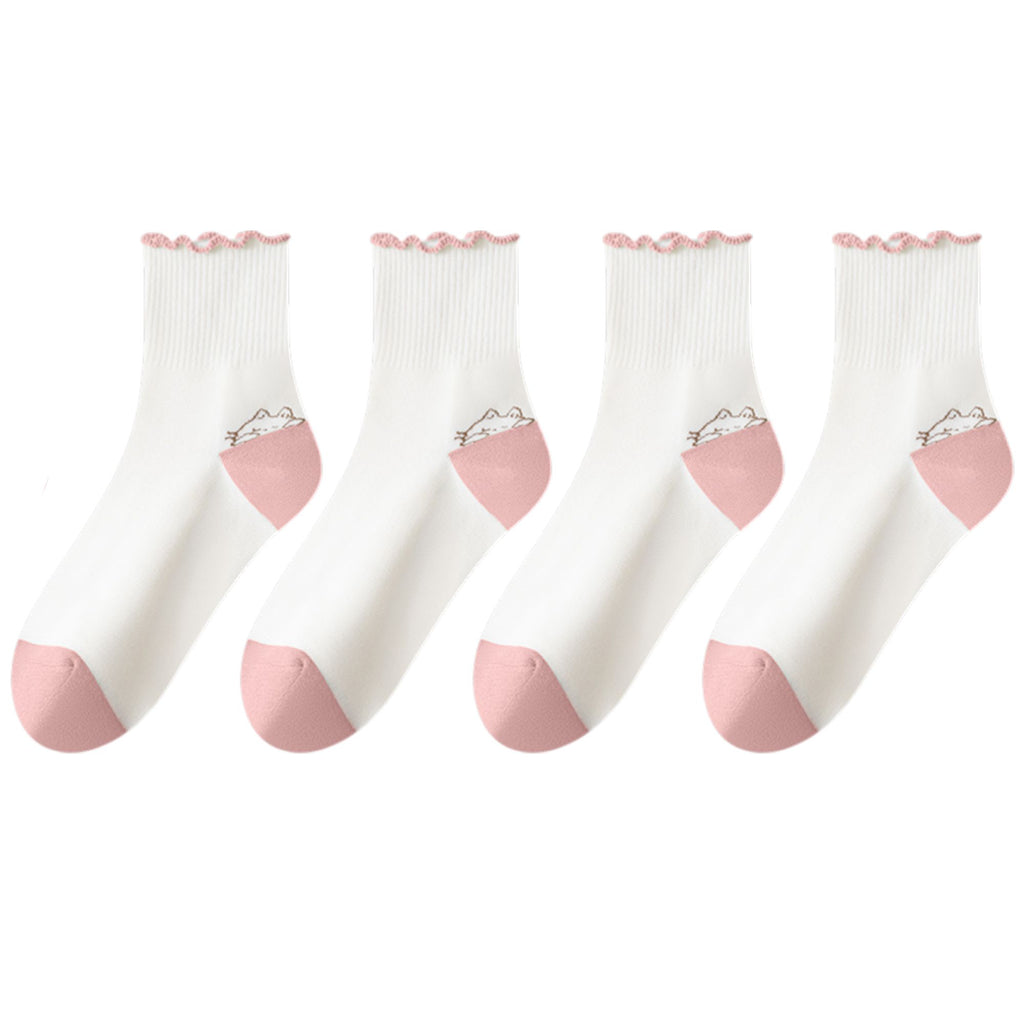 Anna-Kaci 4 Pairs Mid-Crew Ruffle Trim Socks with Contrast Toe Heel and Cat Embroidery Design