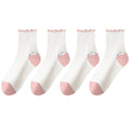 Anna-Kaci 4 Pairs Mid-Crew Ruffle Trim Socks with Contrast Toe Heel and Cat Embroidery Design