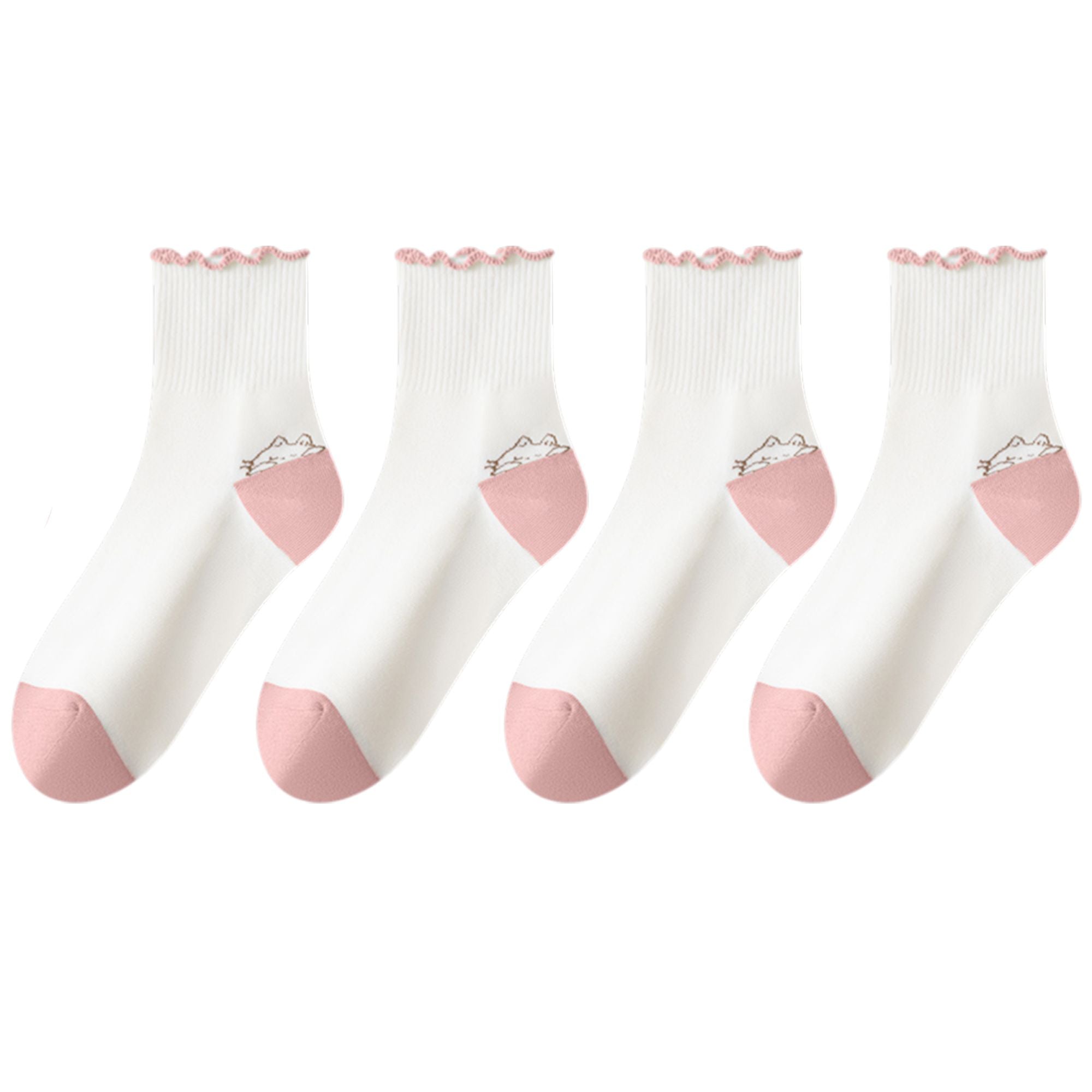 Anna-Kaci 4 Pairs Mid-Crew Ruffle Trim Socks with Contrast Toe Heel and Cat Embroidery Design