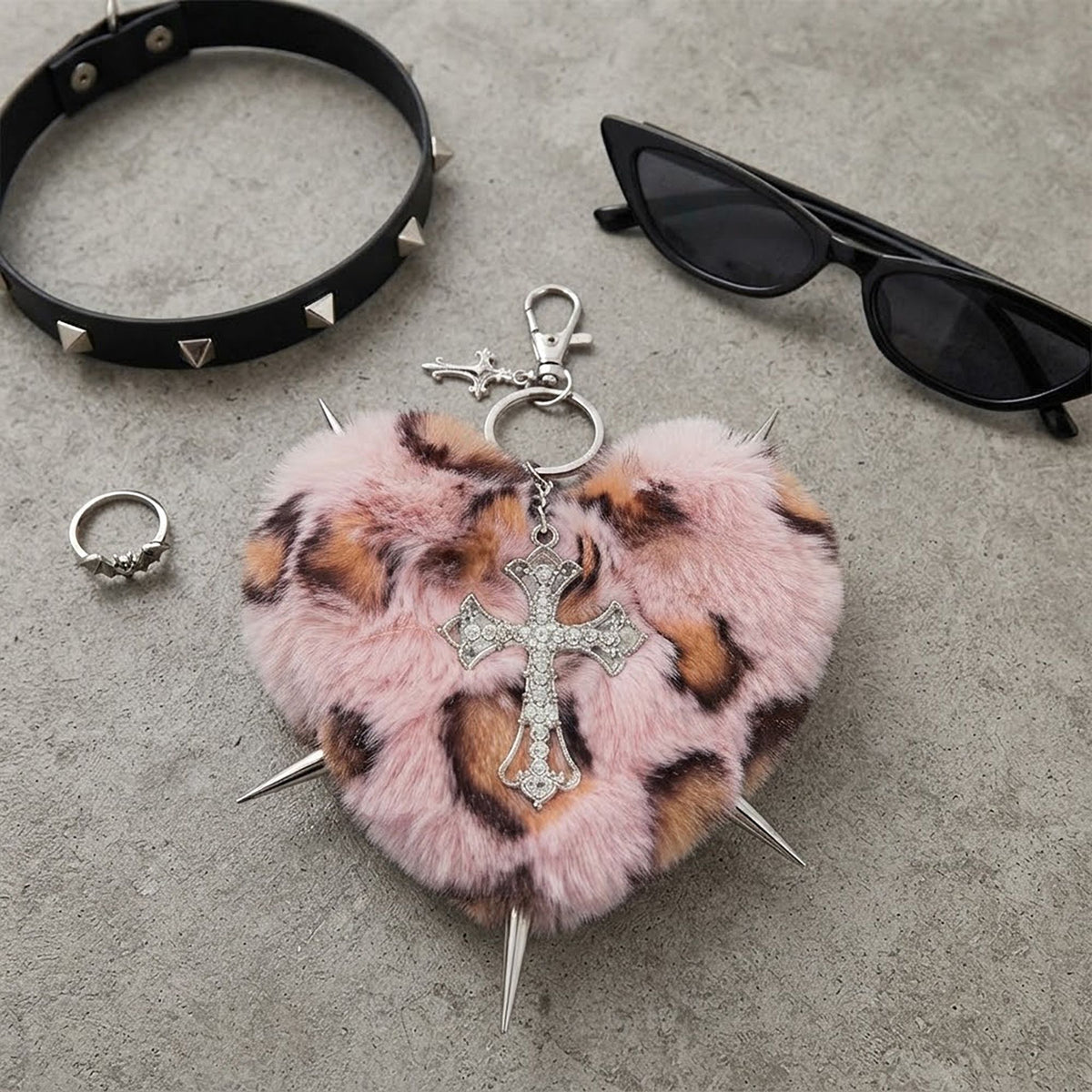 Punk Heart Faux Fur Keychain Rivet Cross Bag Charm Set
