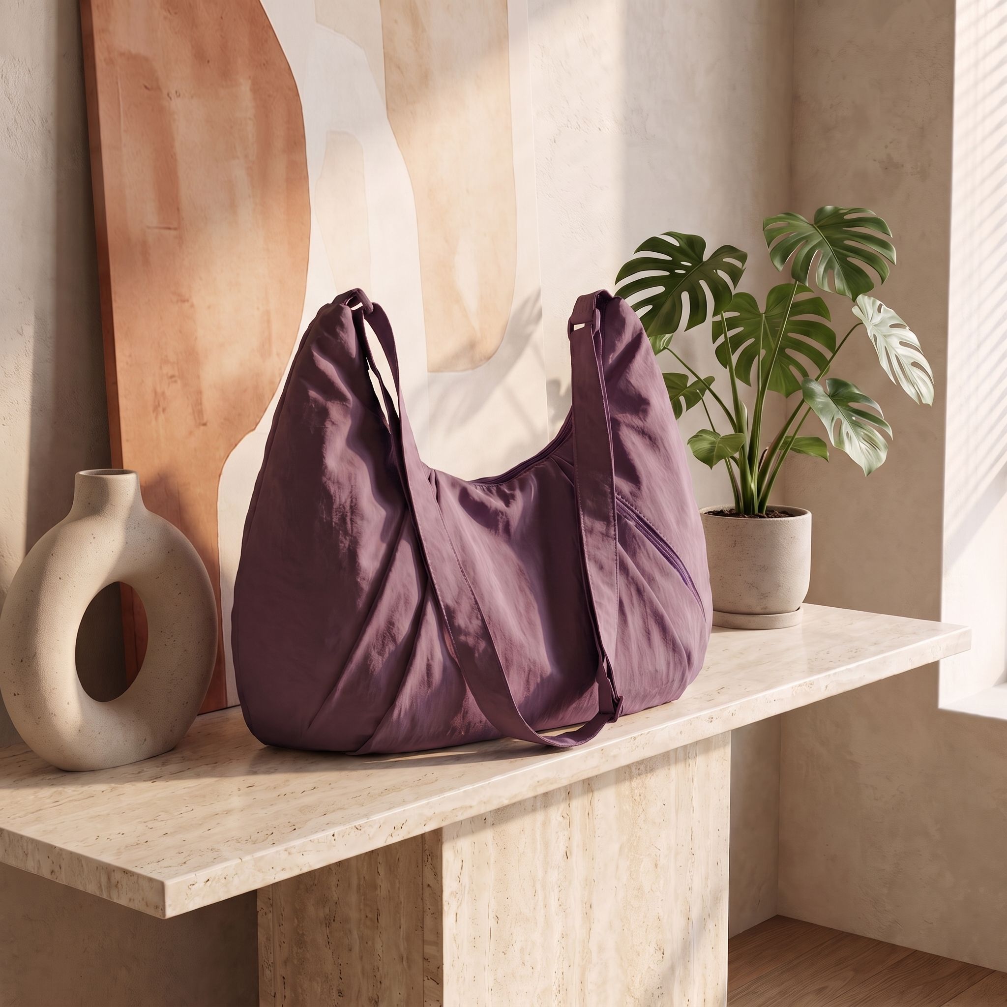 Soft Crescent Hobo Shoulder Bag with Adjustable Strap and Zipper Pockets