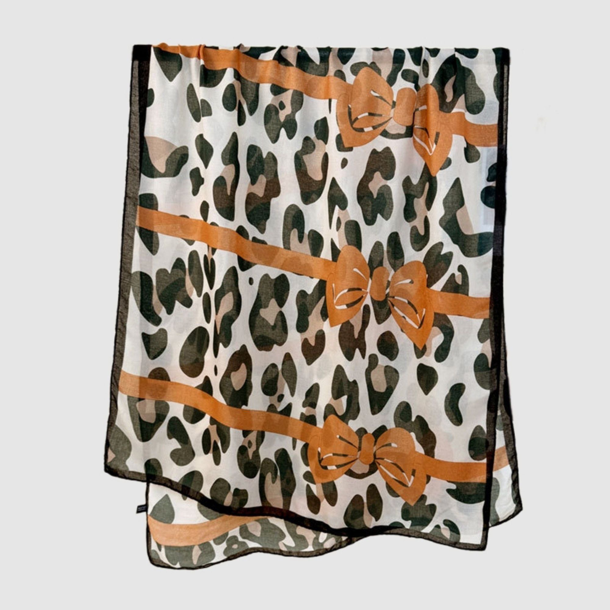 Anna-Kaci Women's Leopard Print Lightweight Scarf with Bow Accent Stripes and Sheer Draped Fabric for Effortless Everyday Style 33.5x71in
