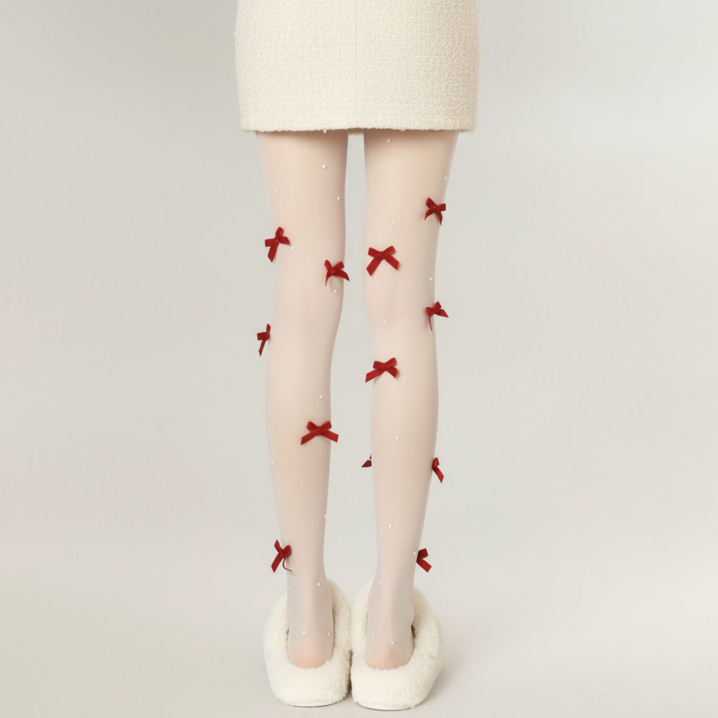 Anna-Kaci 2pcs Women's Sheer Tights with Velvet Bow and Pearl Accent Details