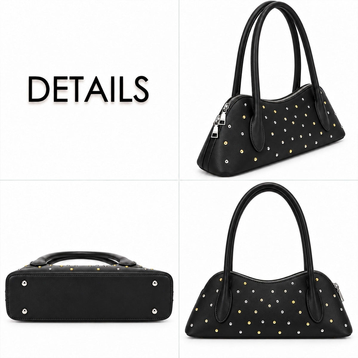 Studded Satchel Handbag with Long Handles Zip Closure and Interior Pocket