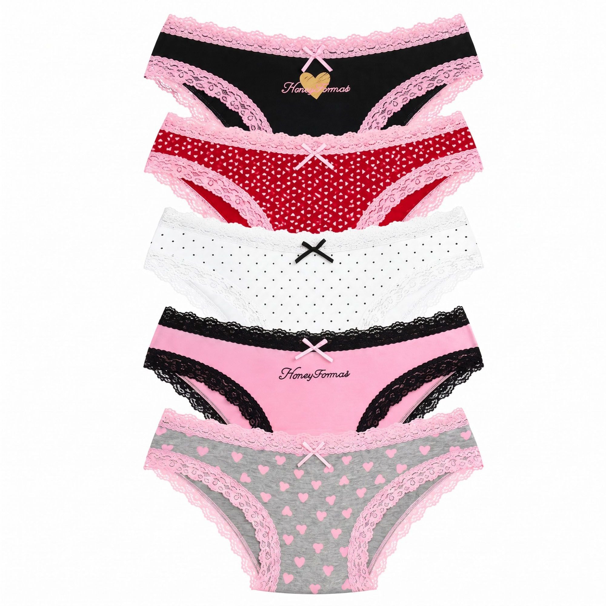 Anna-Kaci Womens 5 Pack Heart Print Lace Trim Bikini Underwear